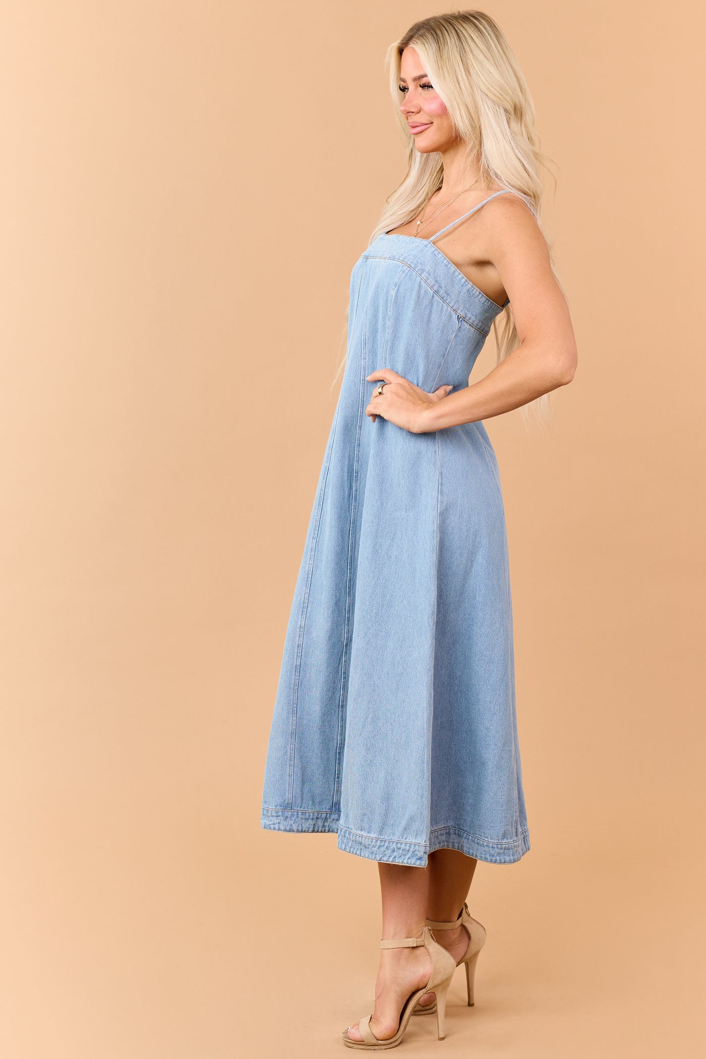 Light Wash Denim Contrast Stitch Midi Dress