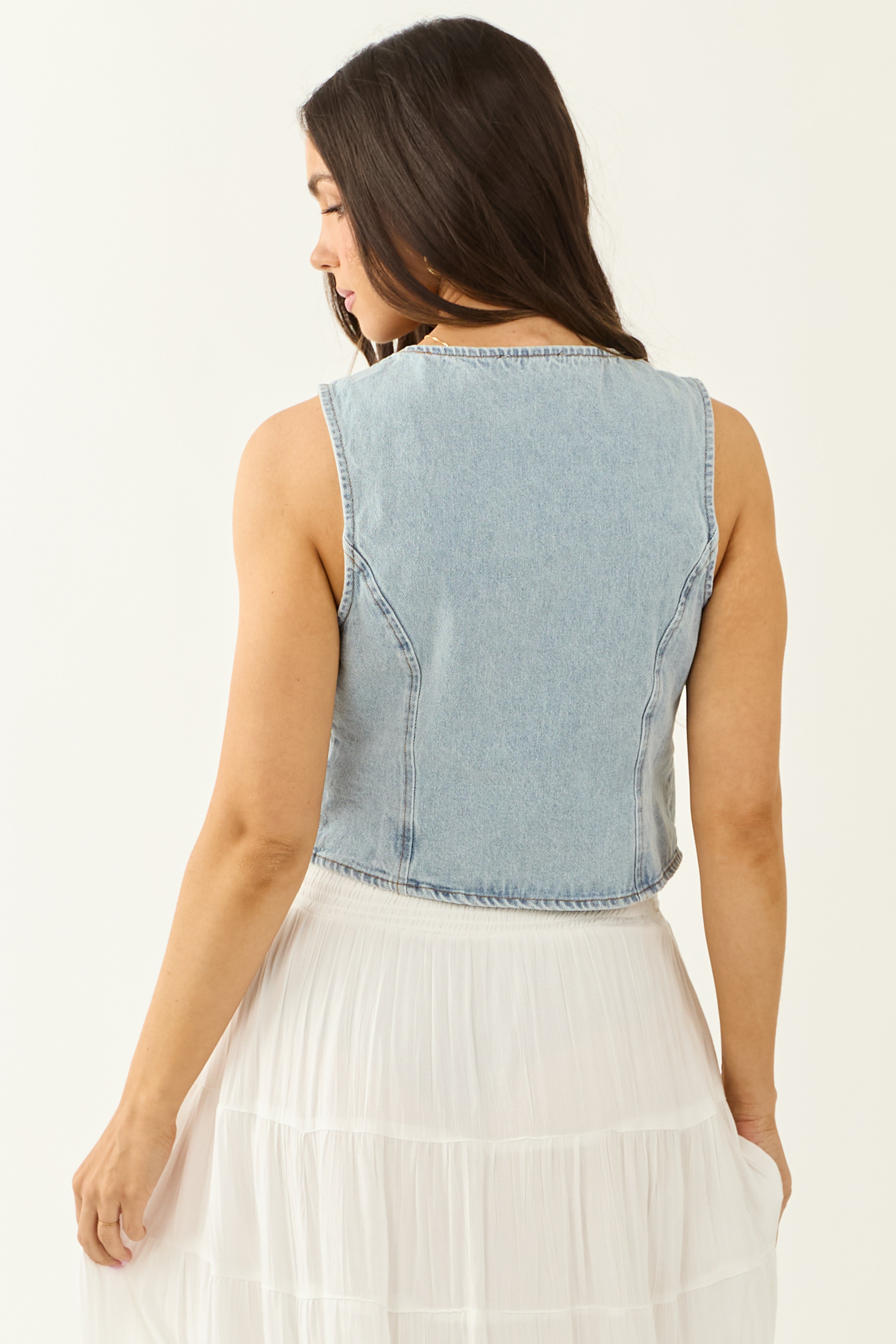 Light Wash Denim Double Front Tie Vest