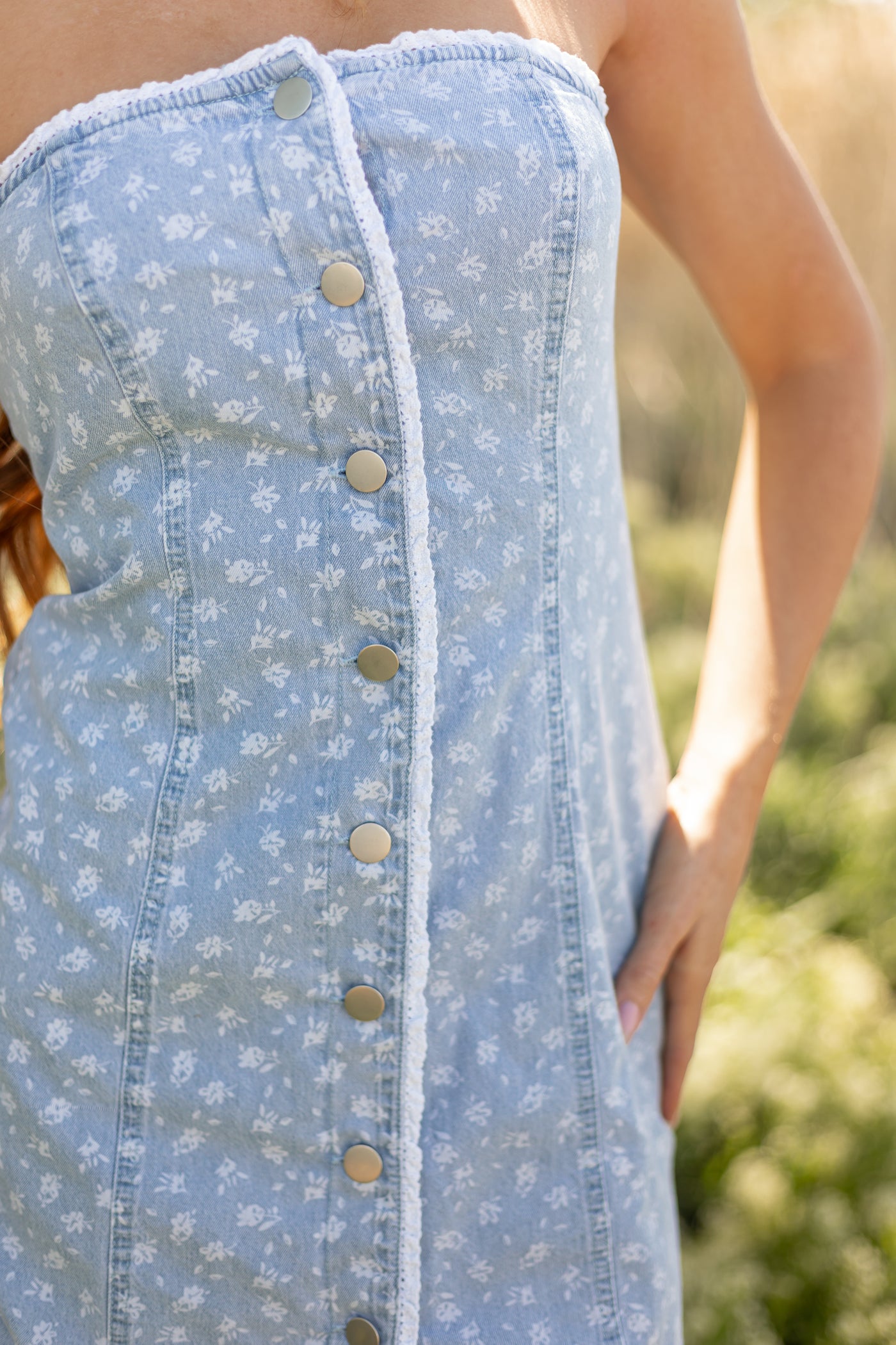 Light Wash Denim Floral Strapless Mini Dress