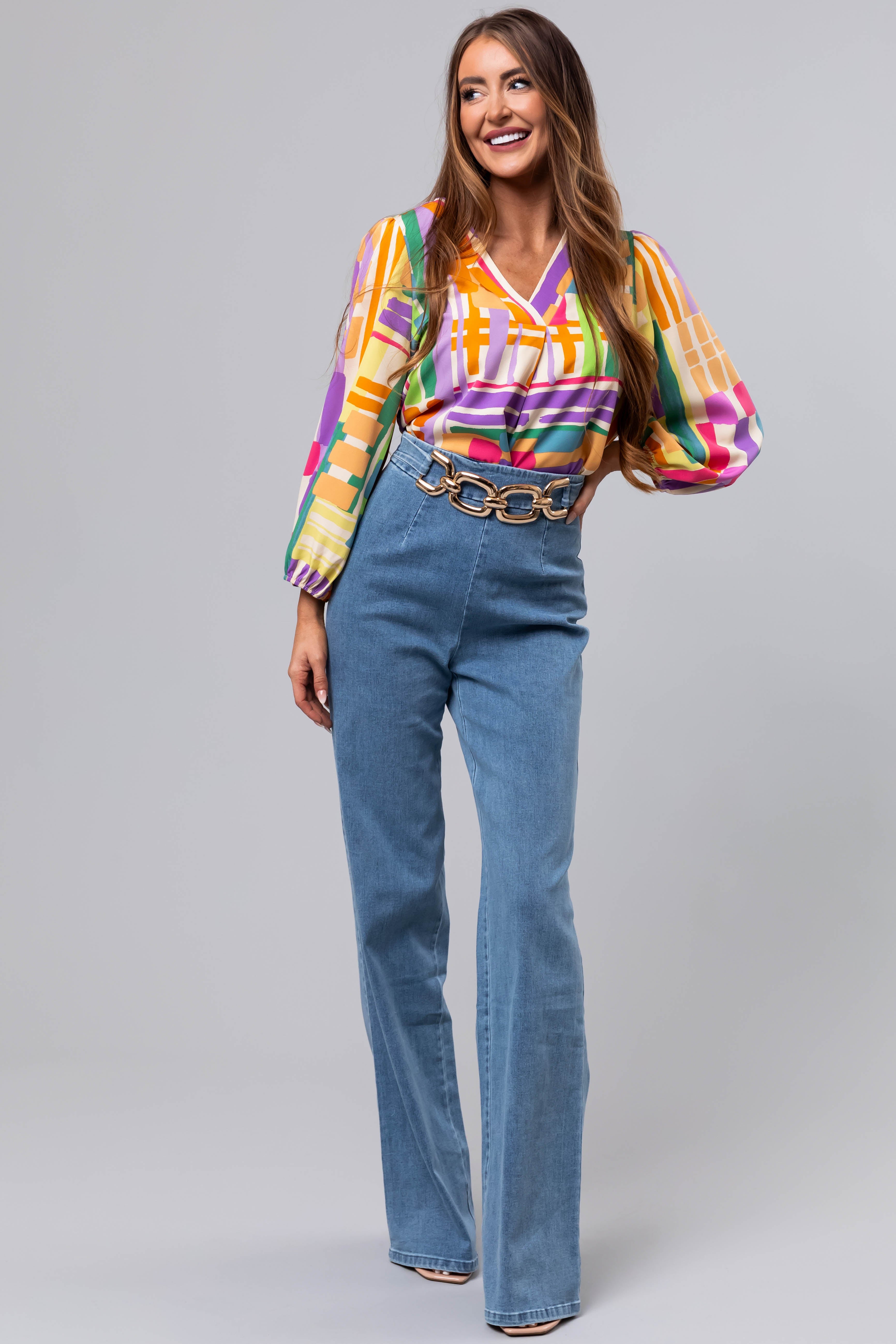 Light Wash Denim High Waisted Gold Belt Pants | Lime Lush Boutique