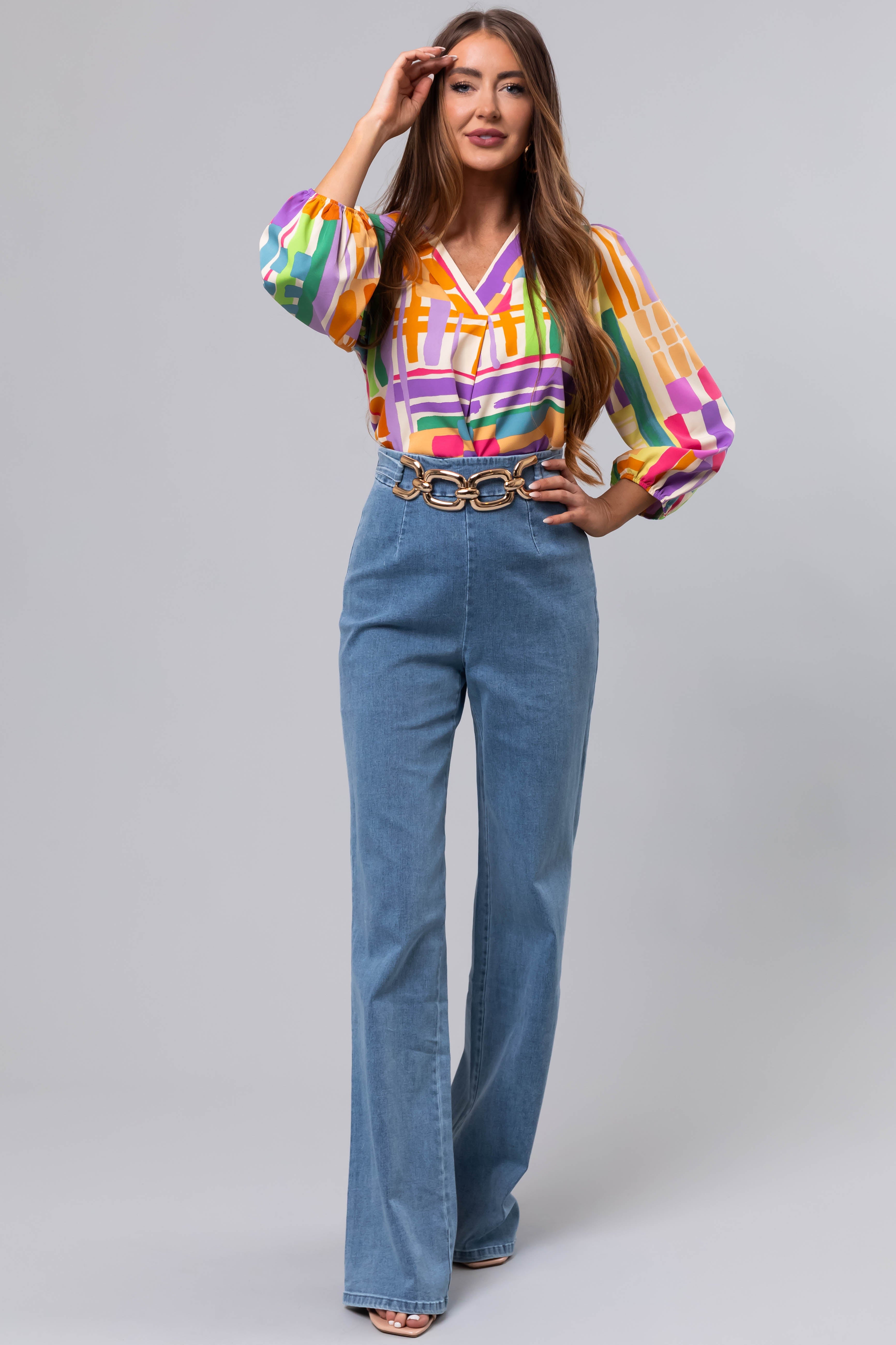 パンツ gold/ DENIM PANTS VINTAGE WASHED Light Wash Denim High Waisted Gold Belt Pants | Lime Lush Boutique