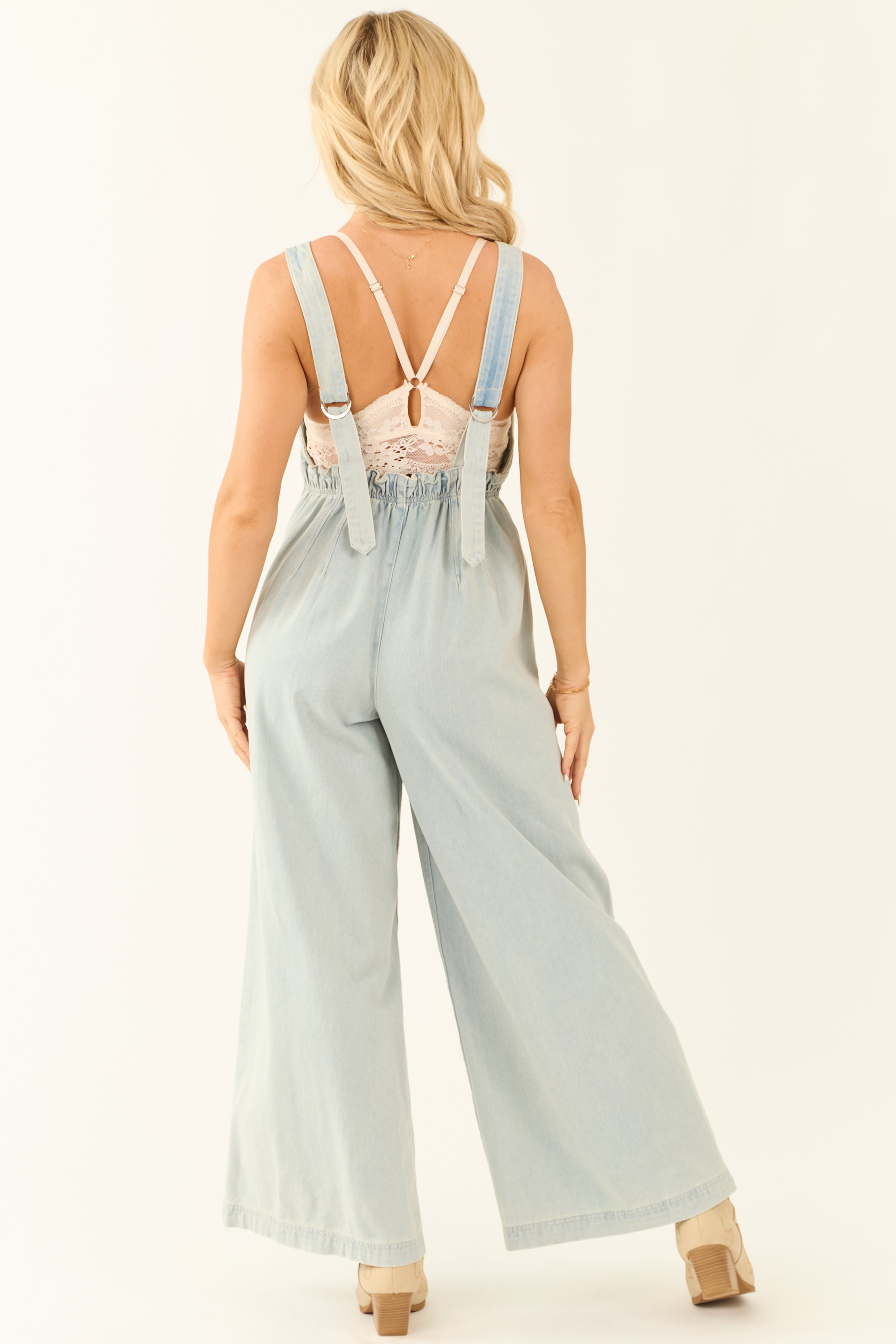 Light Wash Denim Scoop Neck Wide Leg Jumpsuit | Lime Lush