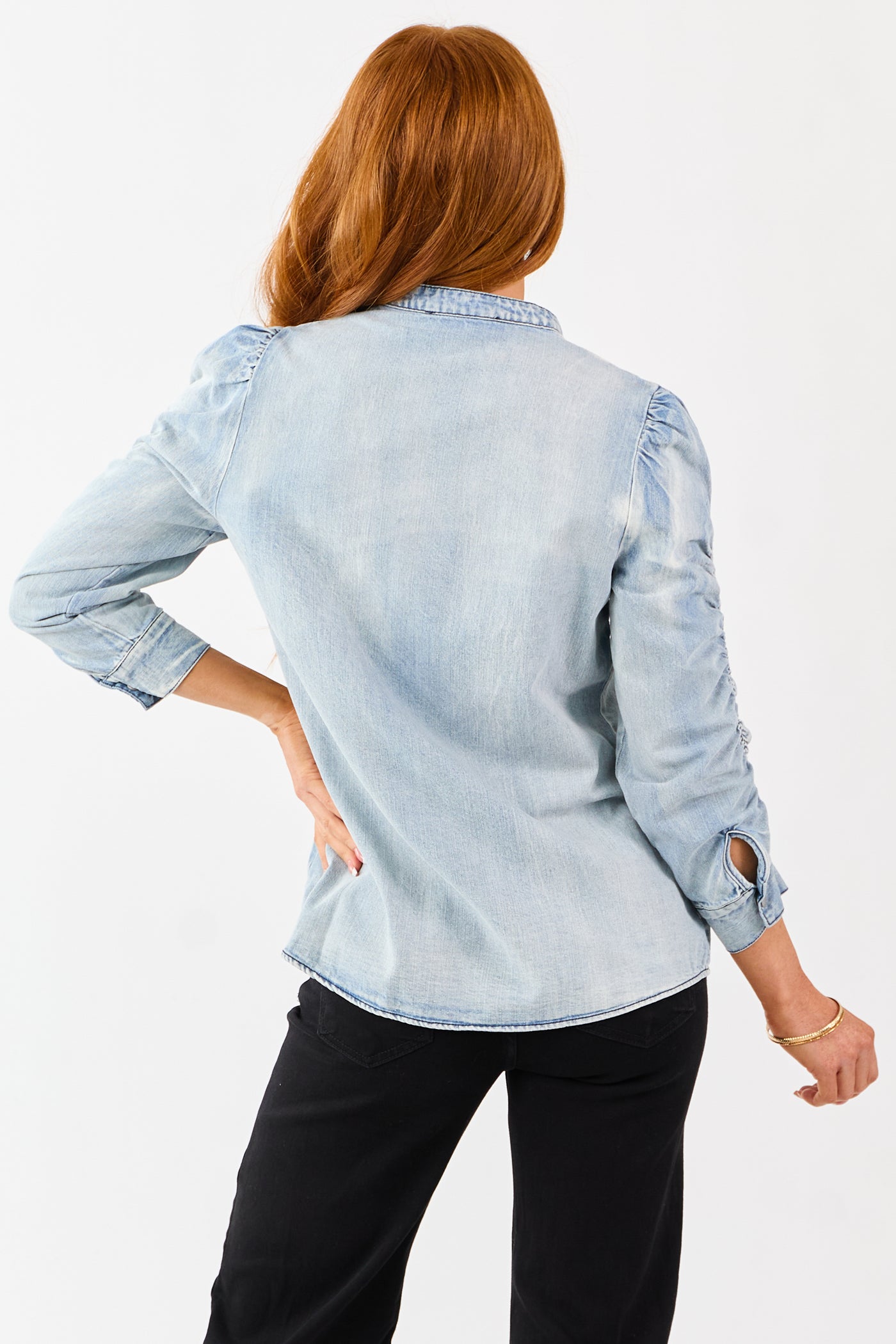 Light Wash Denim Shirred 3/4 Sleeve Button Down Top