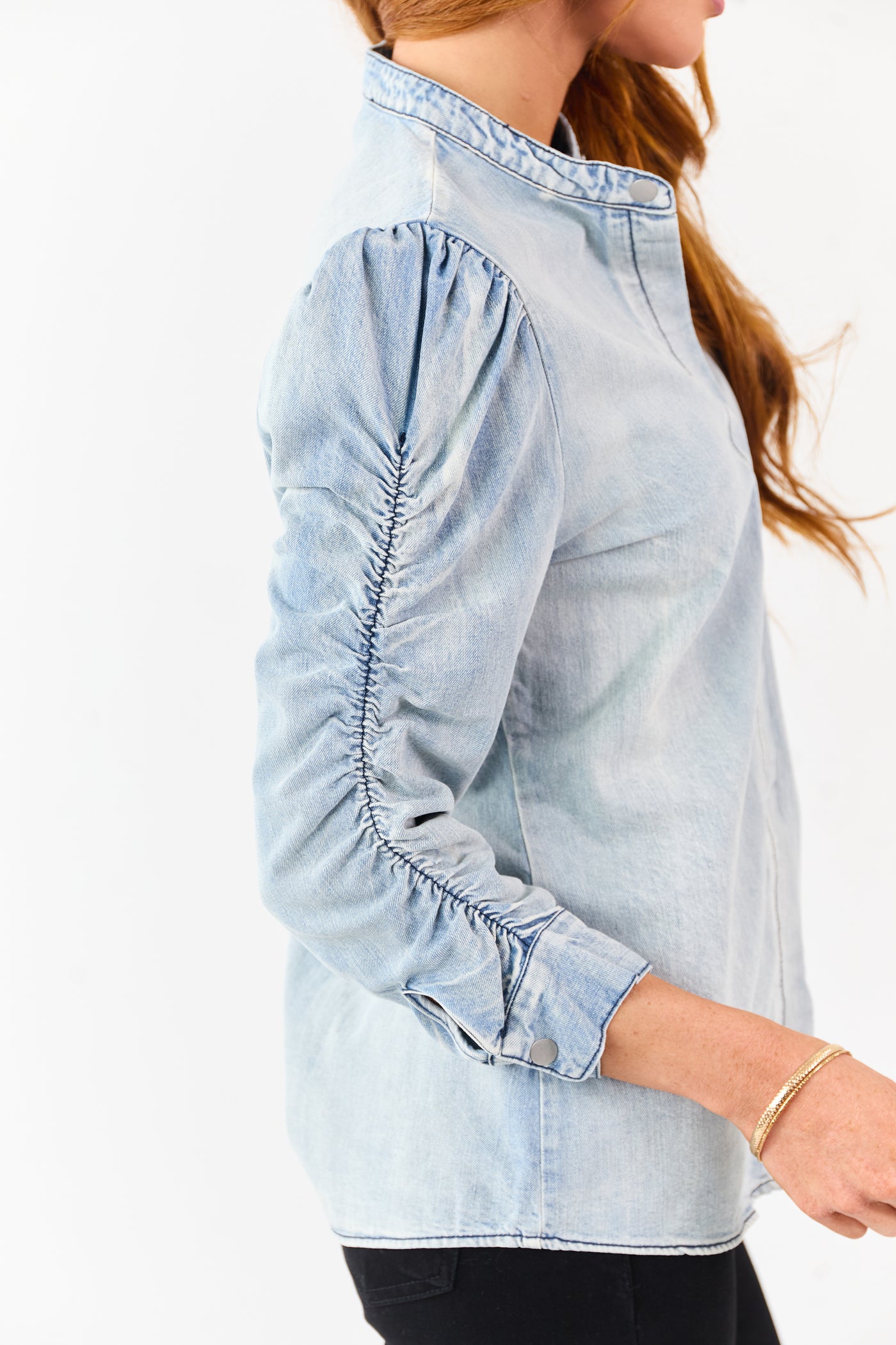 Light Wash Denim Shirred 3/4 Sleeve Button Down Top