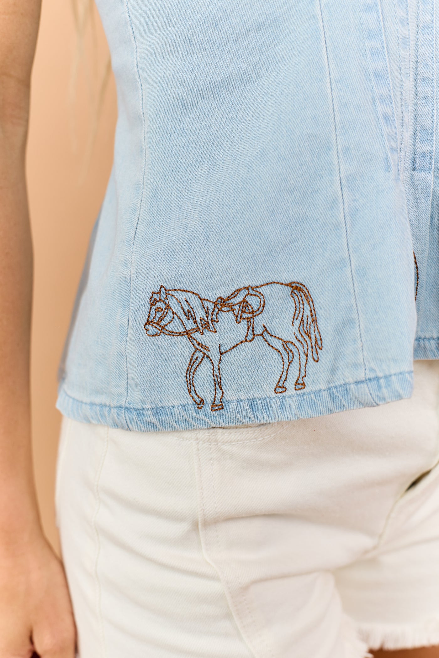Light Wash Denim Western Embroidered Tank Top