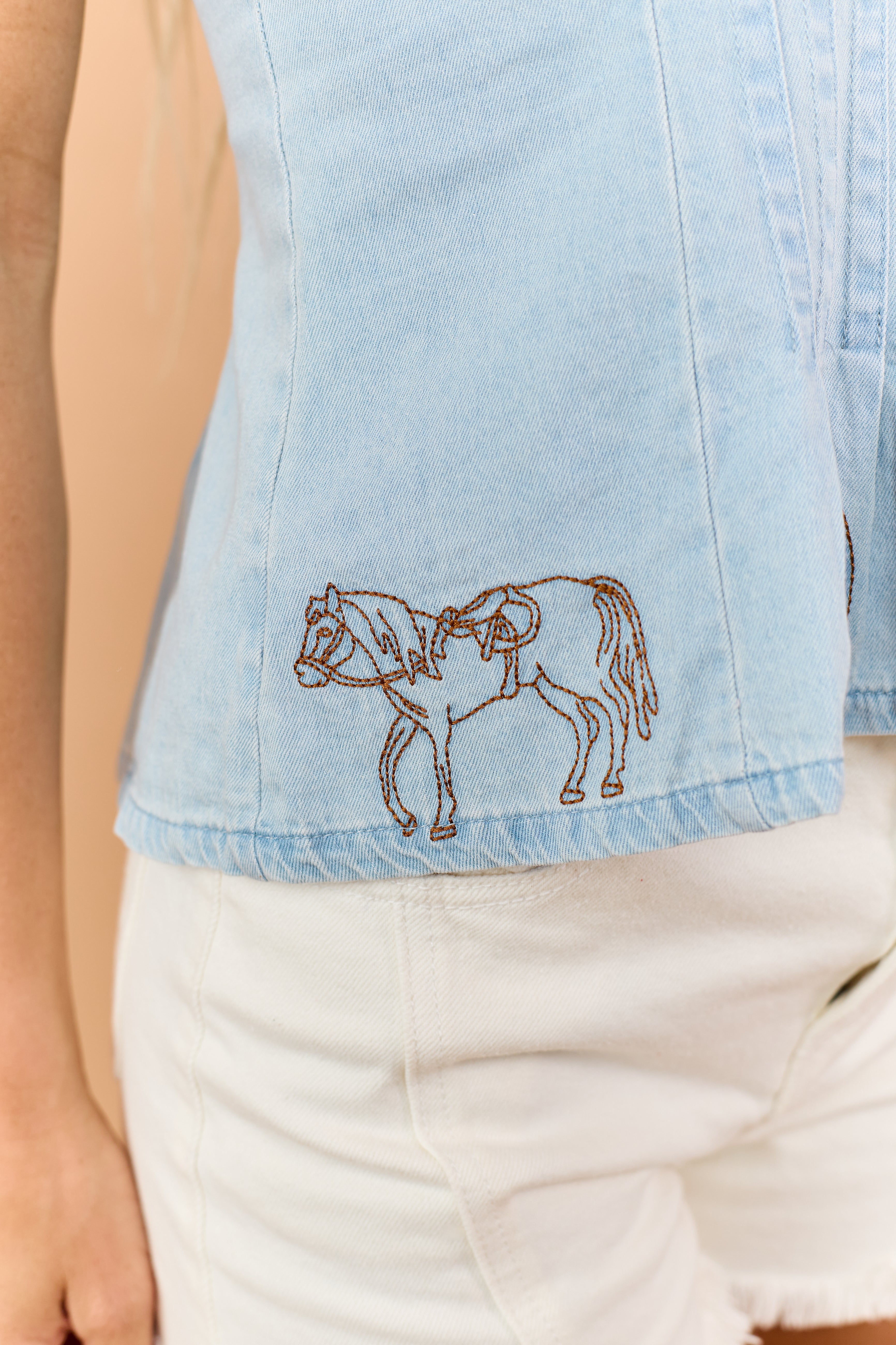 Light Wash Denim Western Embroidered Tank Top