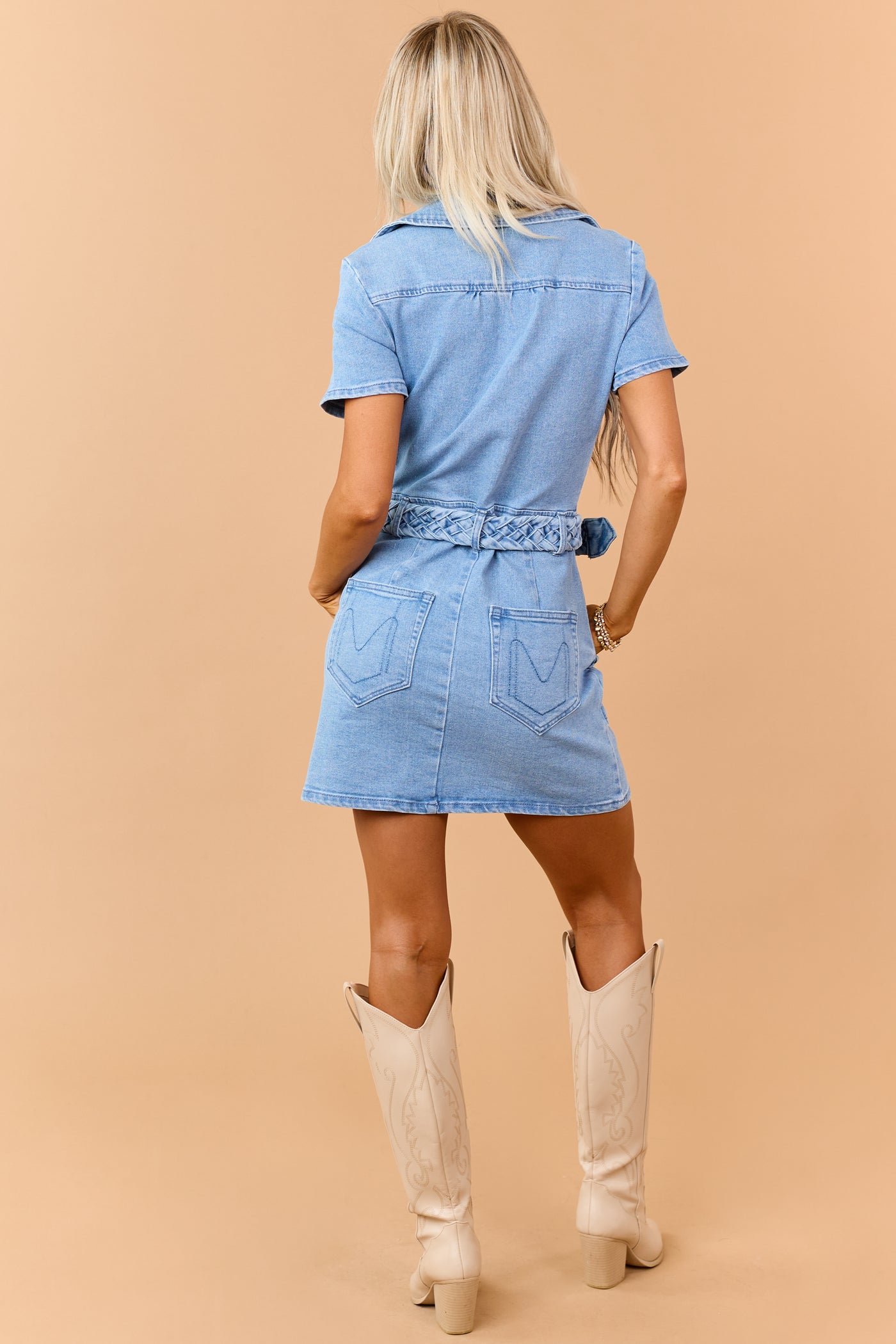 Light Wash Denim Zip Up Braided Belt Mini Dress