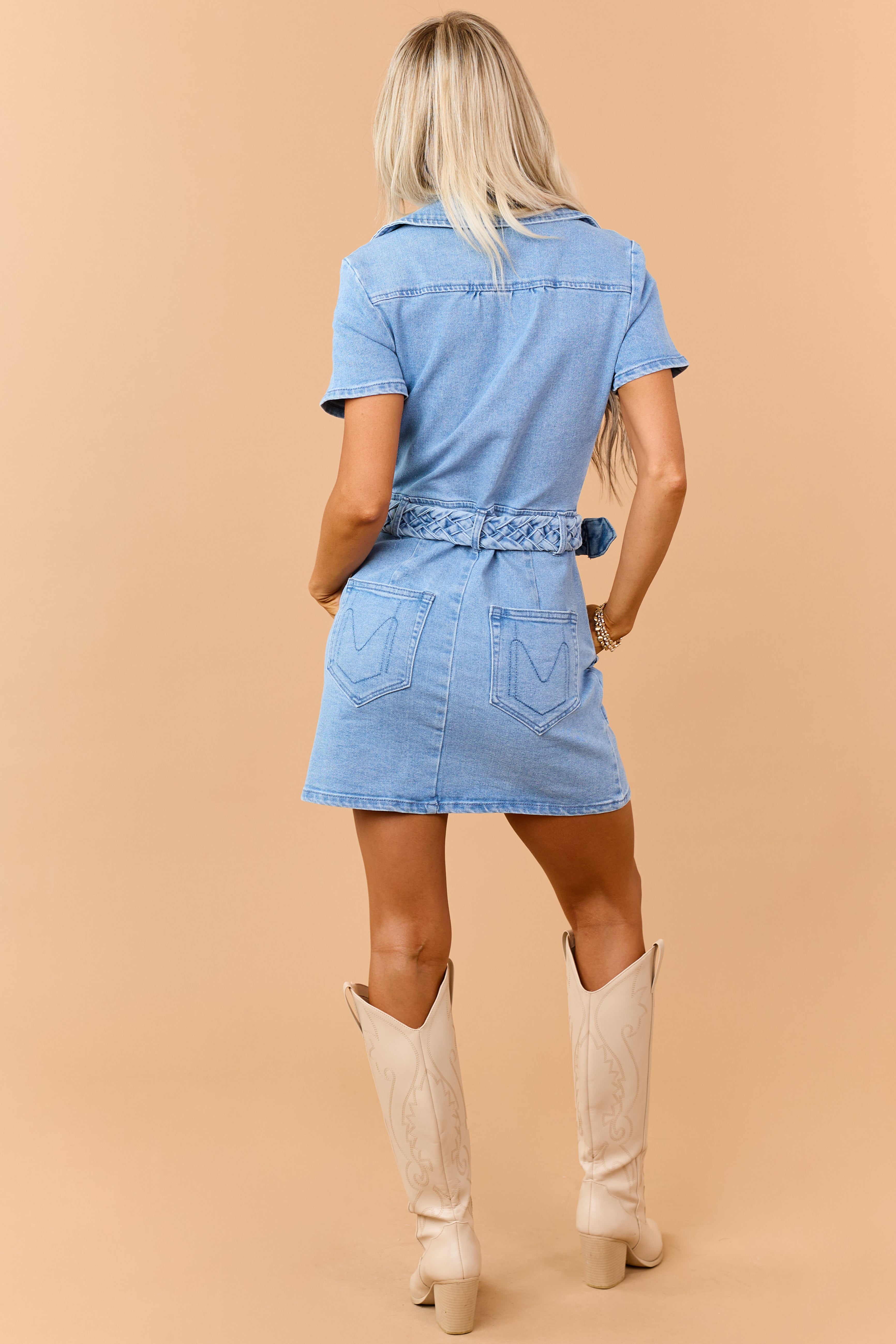 Light Wash Denim Zip Up Braided Belt Mini Dress