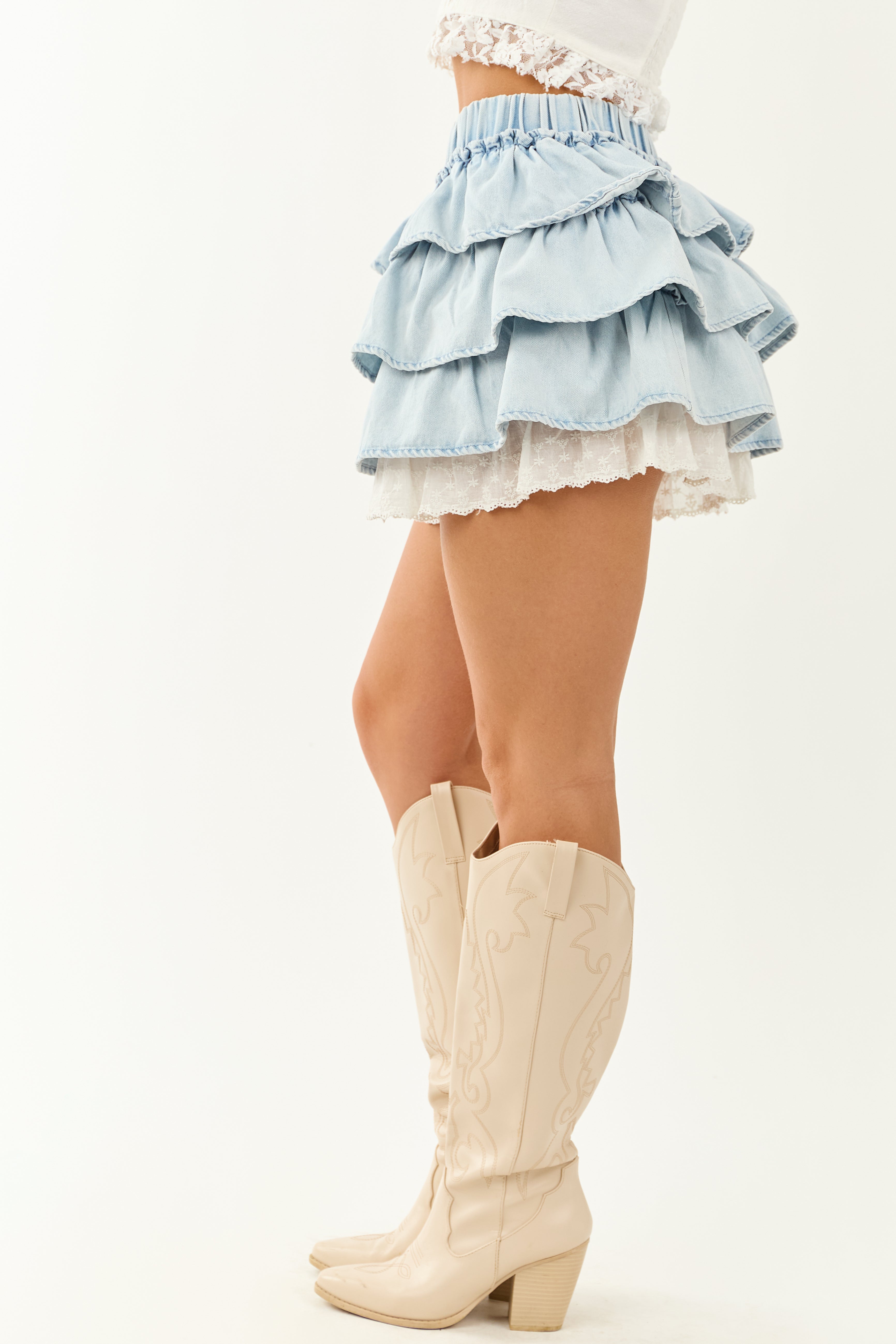 Light Wash Eyelet Lace Trim Ruffle Denim Mini Skirt | Lime