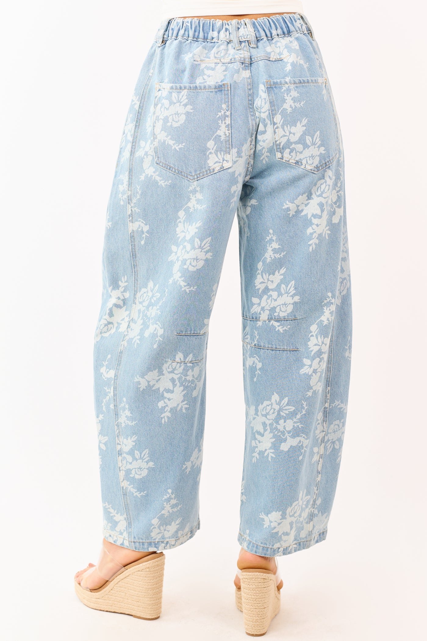Light Wash Floral Elastic Waist Barrel Jeans