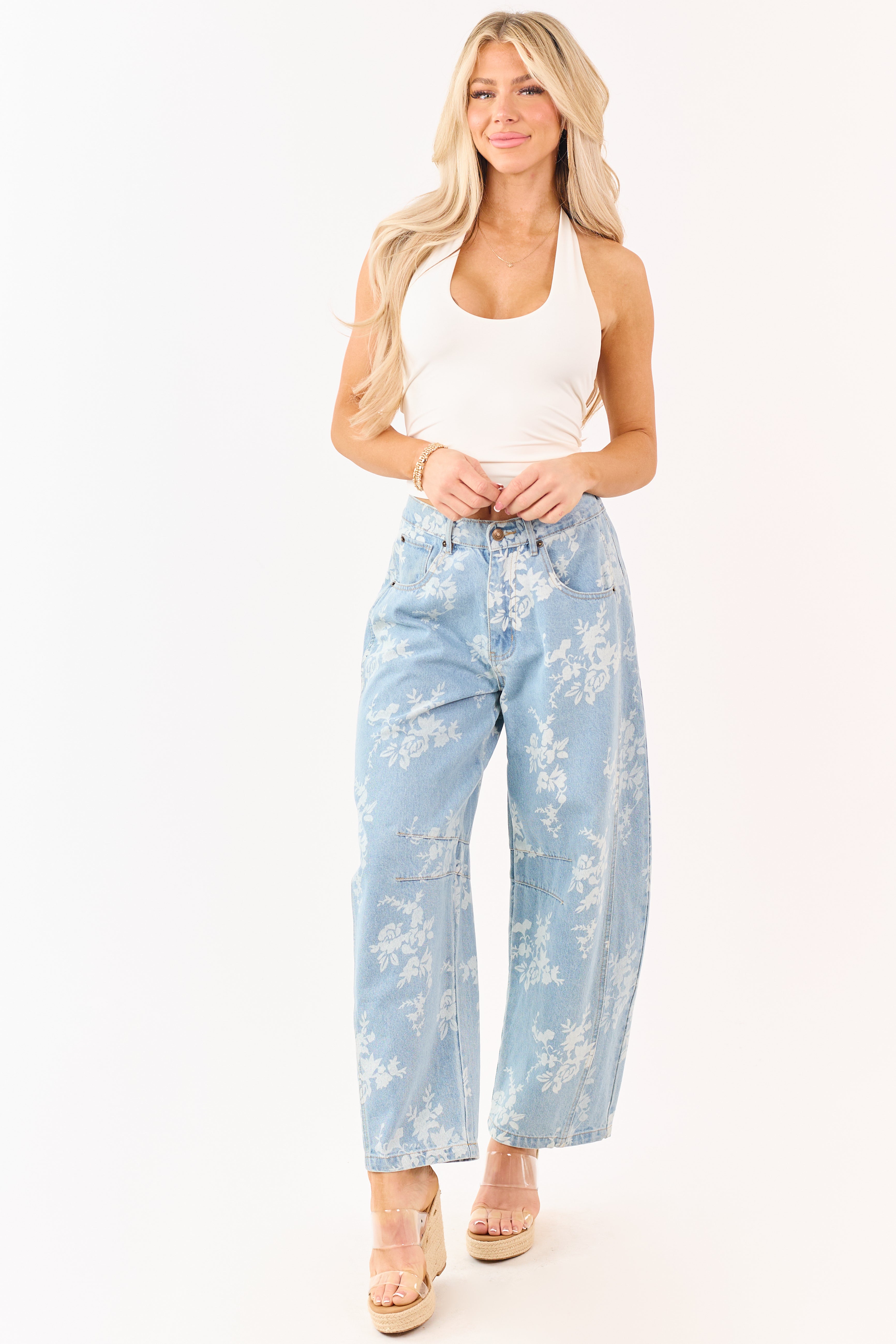 Light Wash Floral Elastic Waist Barrel Jeans
