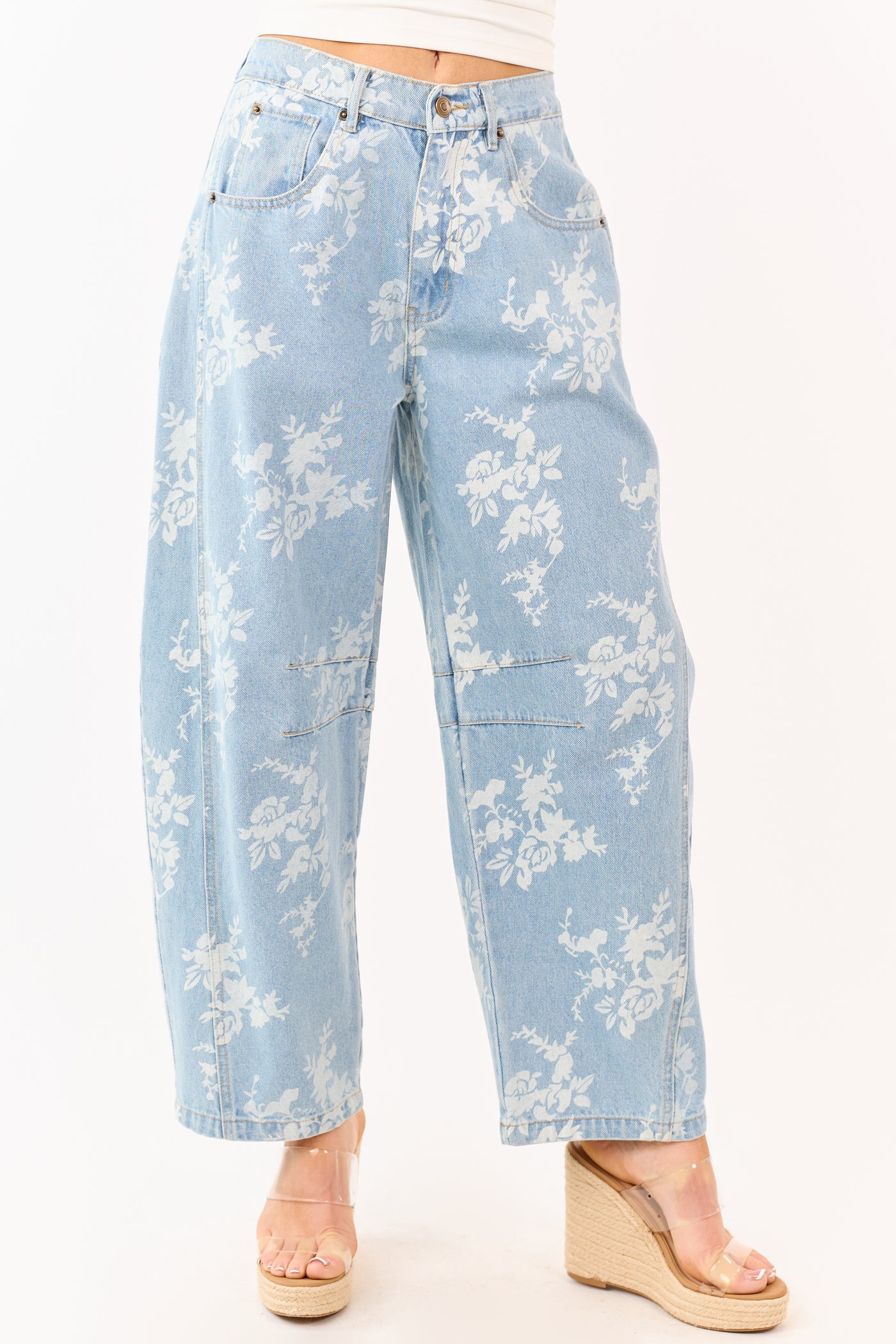 Light Wash Floral Elastic Waist Barrel Jeans