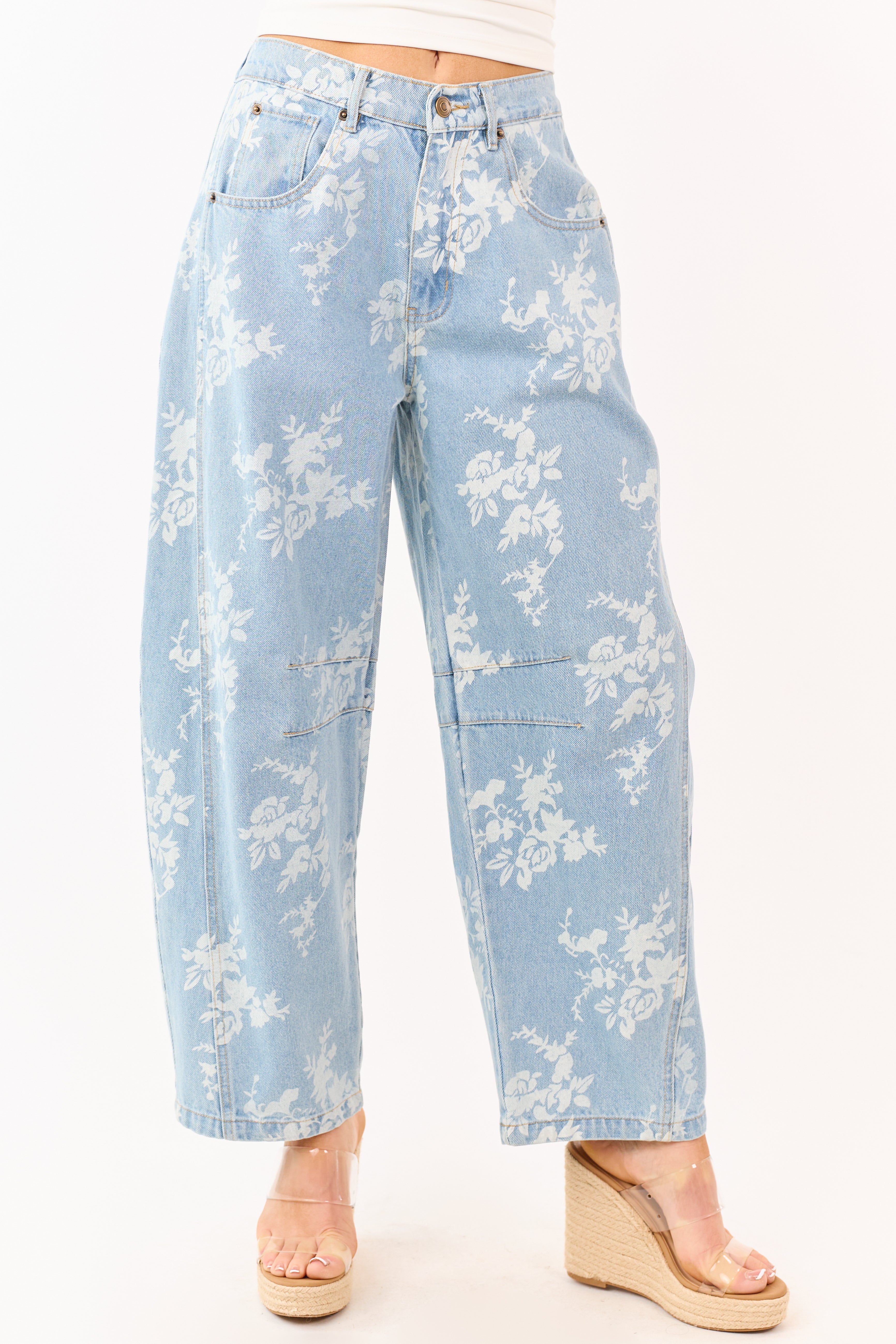 Light Wash Floral Elastic Waist Barrel Jeans