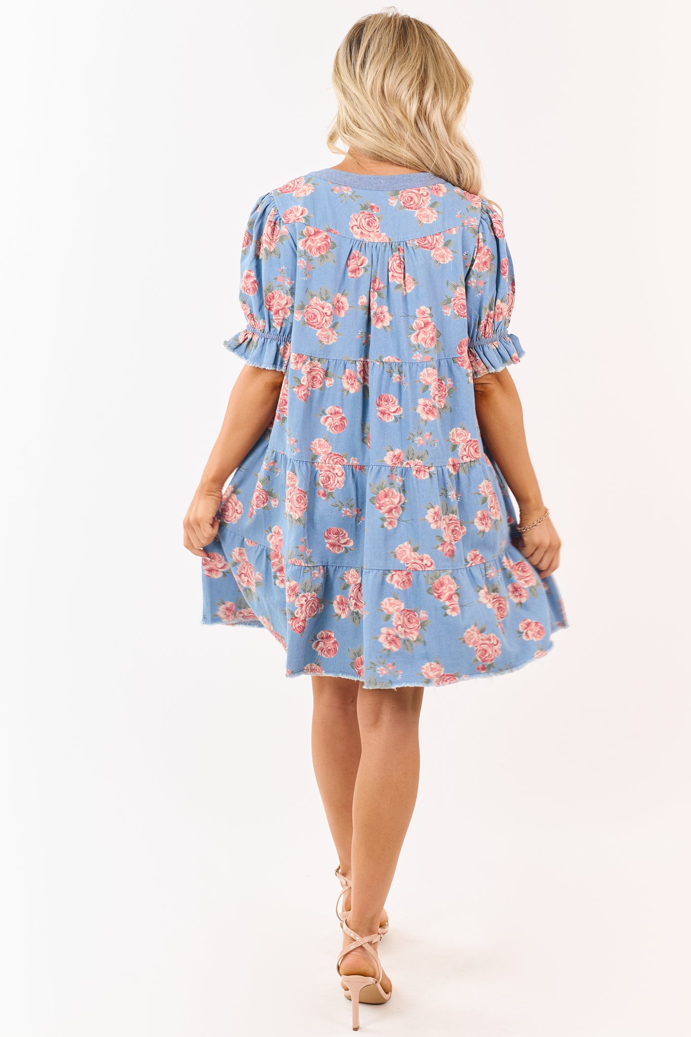 Light Wash Floral Print Denim Tiered Mini Dress
