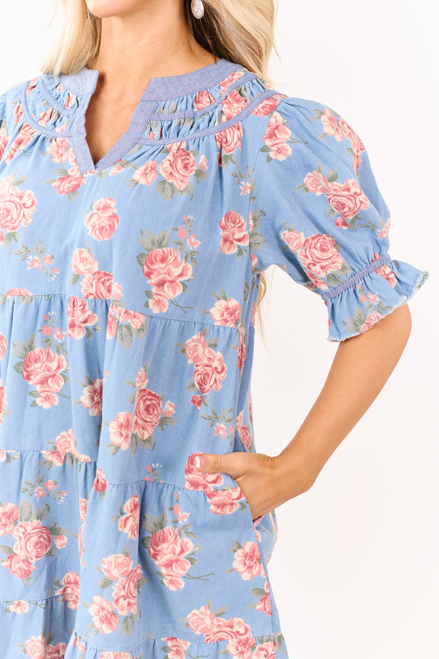 Light Wash Floral Print Denim Tiered Mini Dress