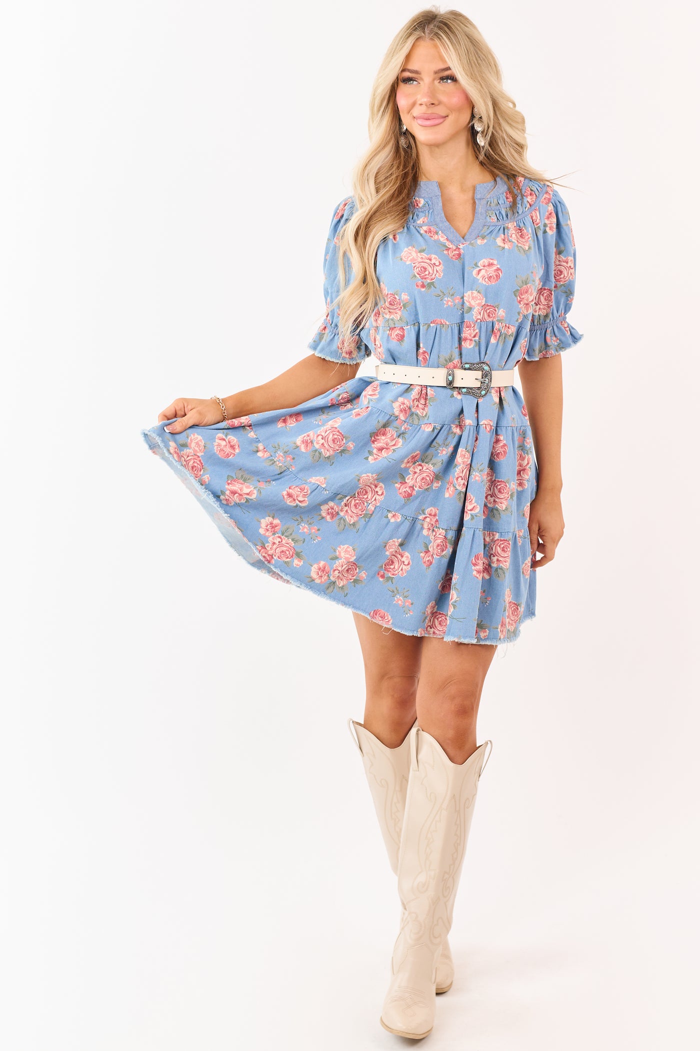 Light Wash Floral Print Denim Tiered Mini Dress