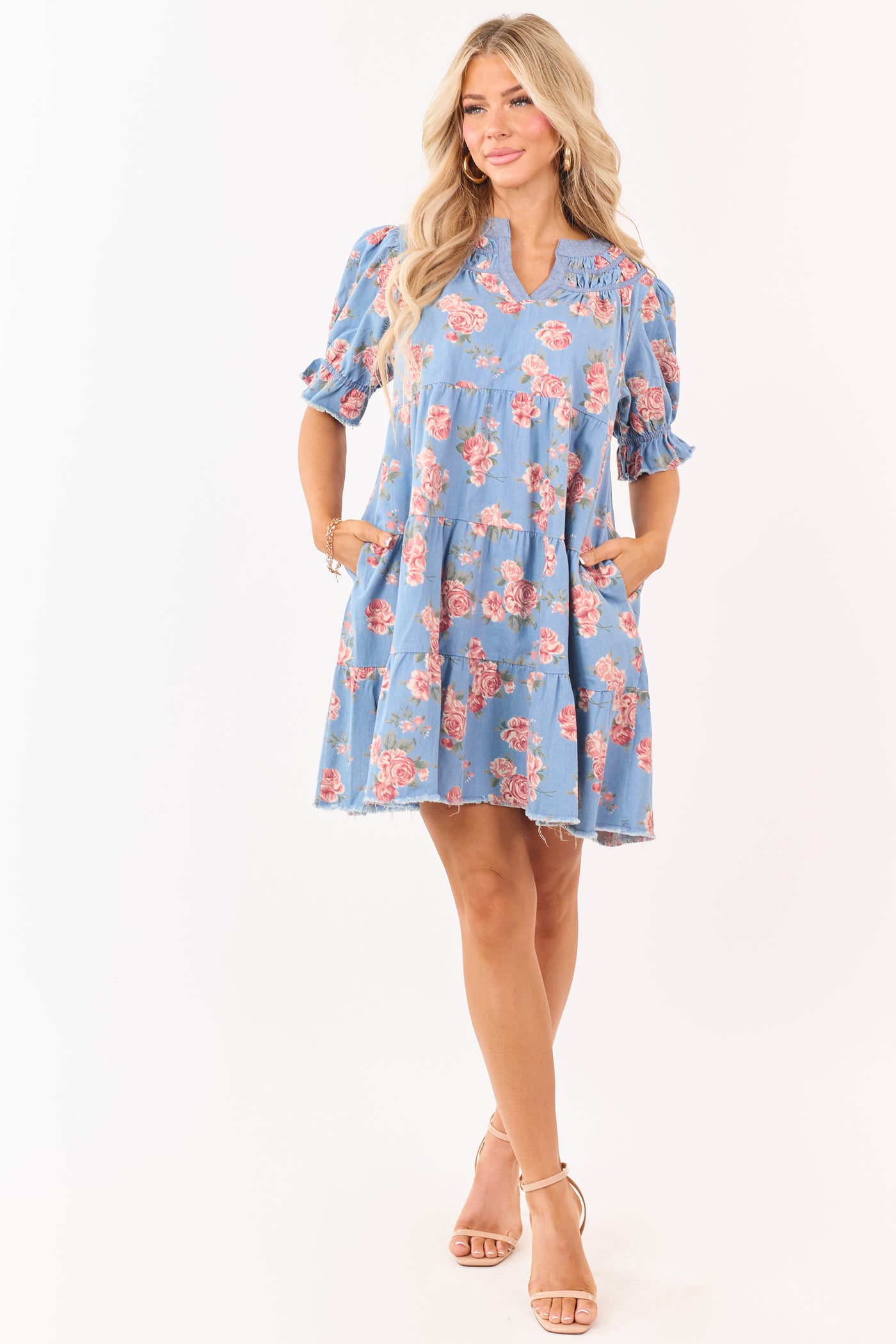Light Wash Floral Print Denim Tiered Mini Dress