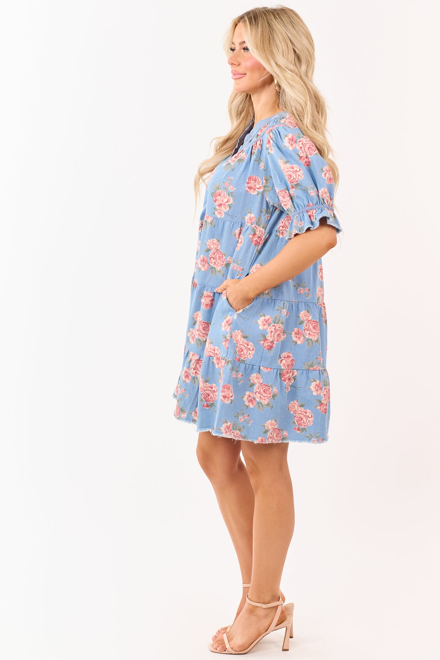 Light Wash Floral Print Denim Tiered Mini Dress