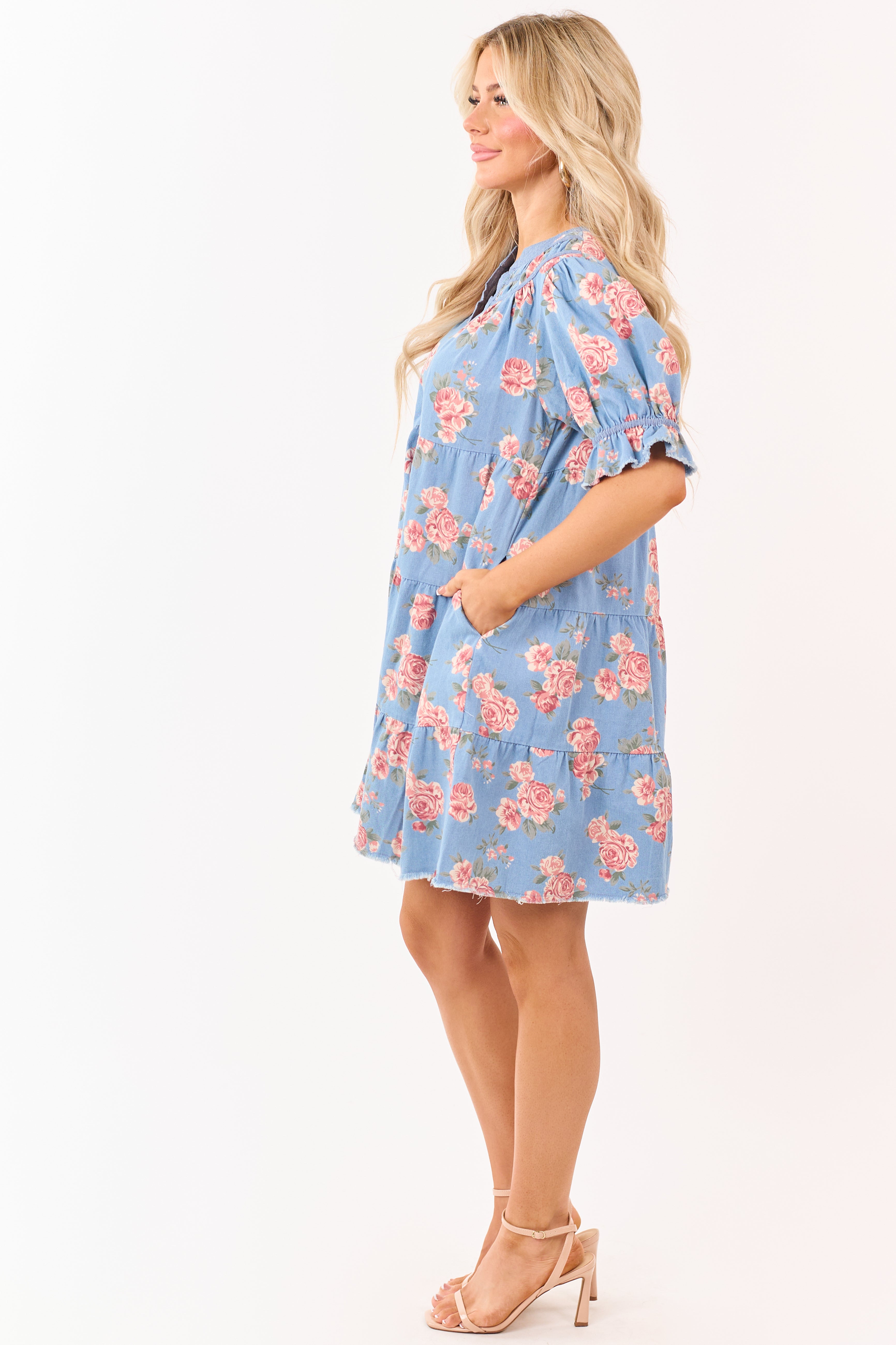 Light Wash Floral Print Denim Tiered Mini Dress