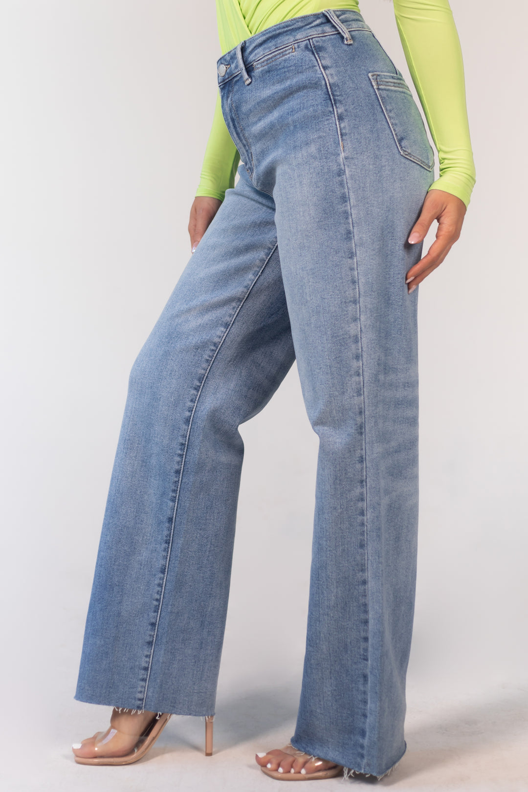 Judy Blue Light Wash High Rise Raw Hem Wide Leg Jeans & Lime Lush