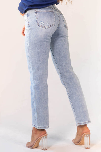 Light Wash High Rise Rhinestone Detail Ankle Jeans