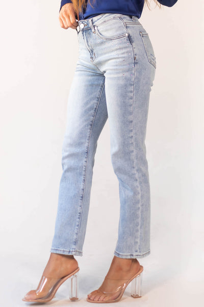 Light Wash High Rise Rhinestone Detail Ankle Jeans
