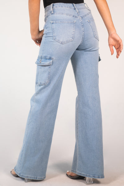 Light Wash High Rise Wide Leg Cargo Jeans