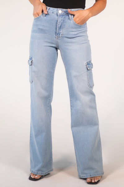 Light Wash High Rise Wide Leg Cargo Jeans