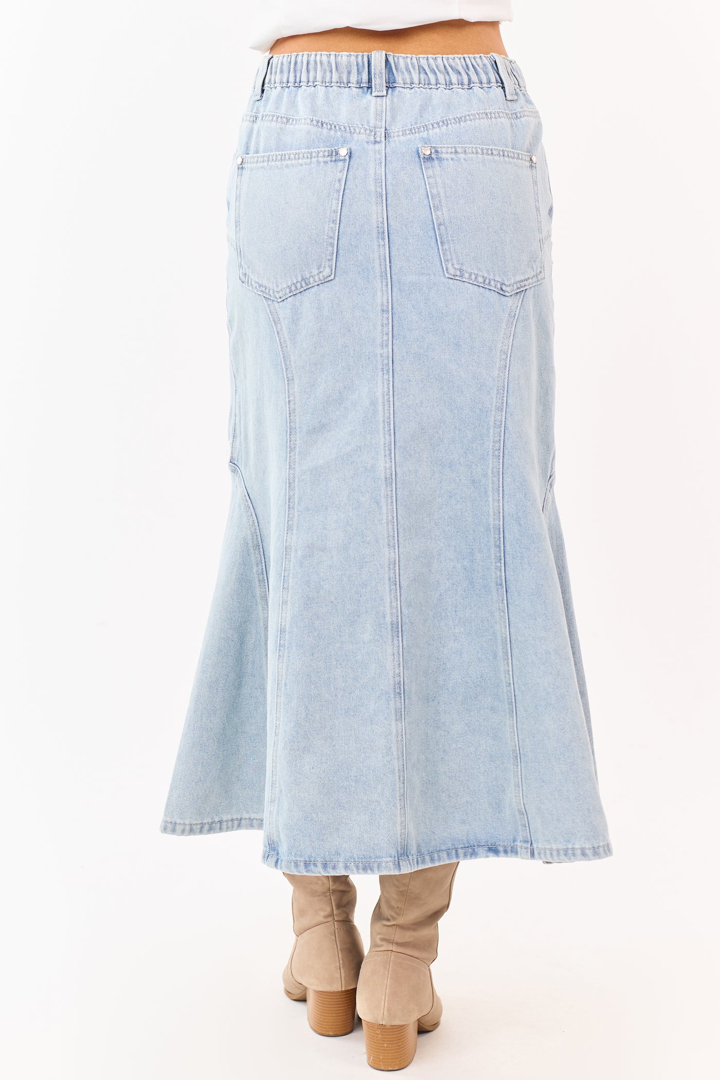 Light Wash Lace Trim Mermaid Flare Midi Skirt