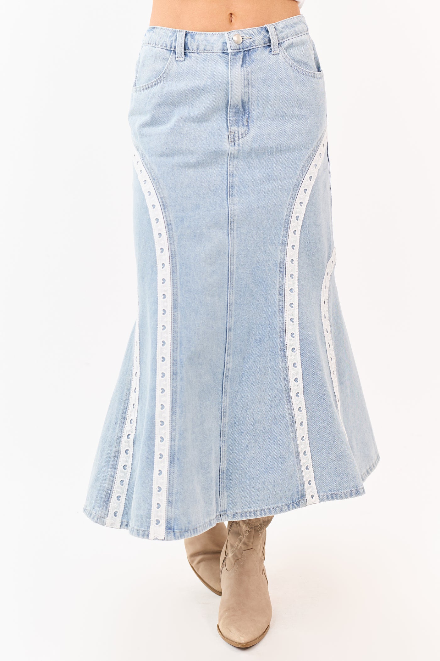 Light Wash Lace Trim Mermaid Flare Midi Skirt