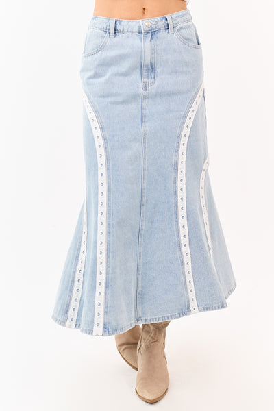 Light Wash Lace Trim Mermaid Flare Midi Skirt