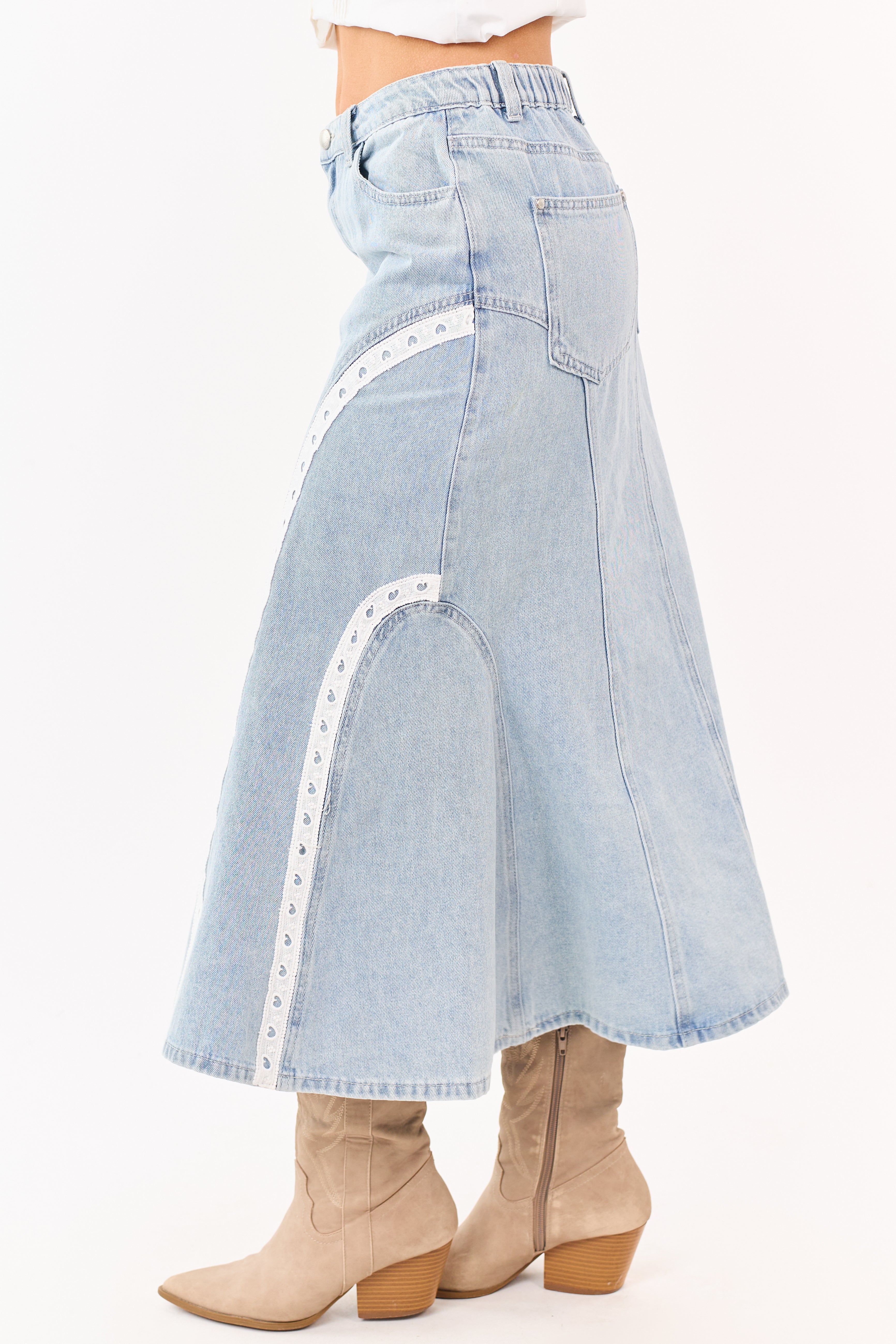Light Wash Lace Trim Mermaid Flare Midi Skirt | Lime Lush Boutique