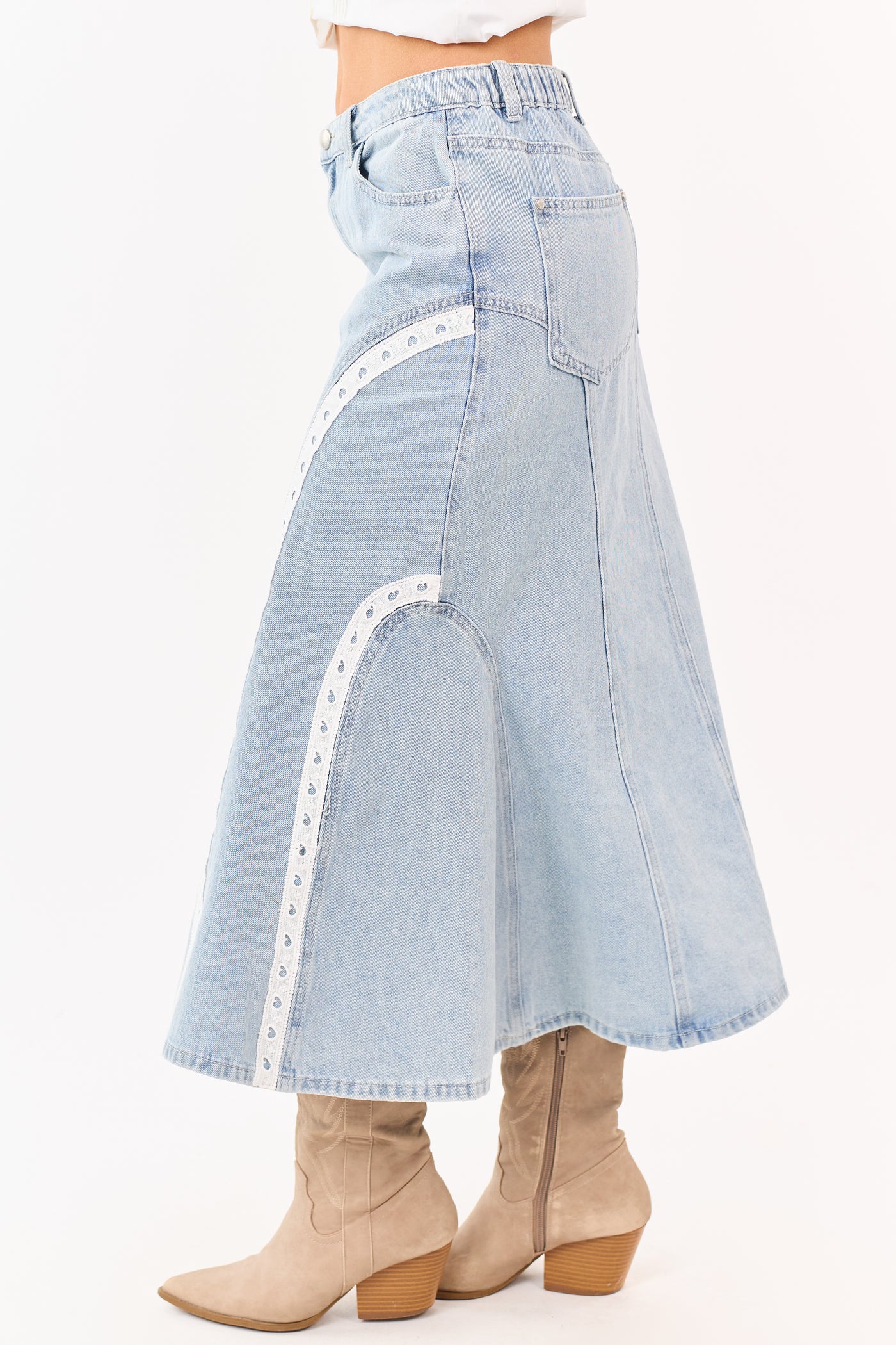 Light Wash Lace Trim Mermaid Flare Midi Skirt