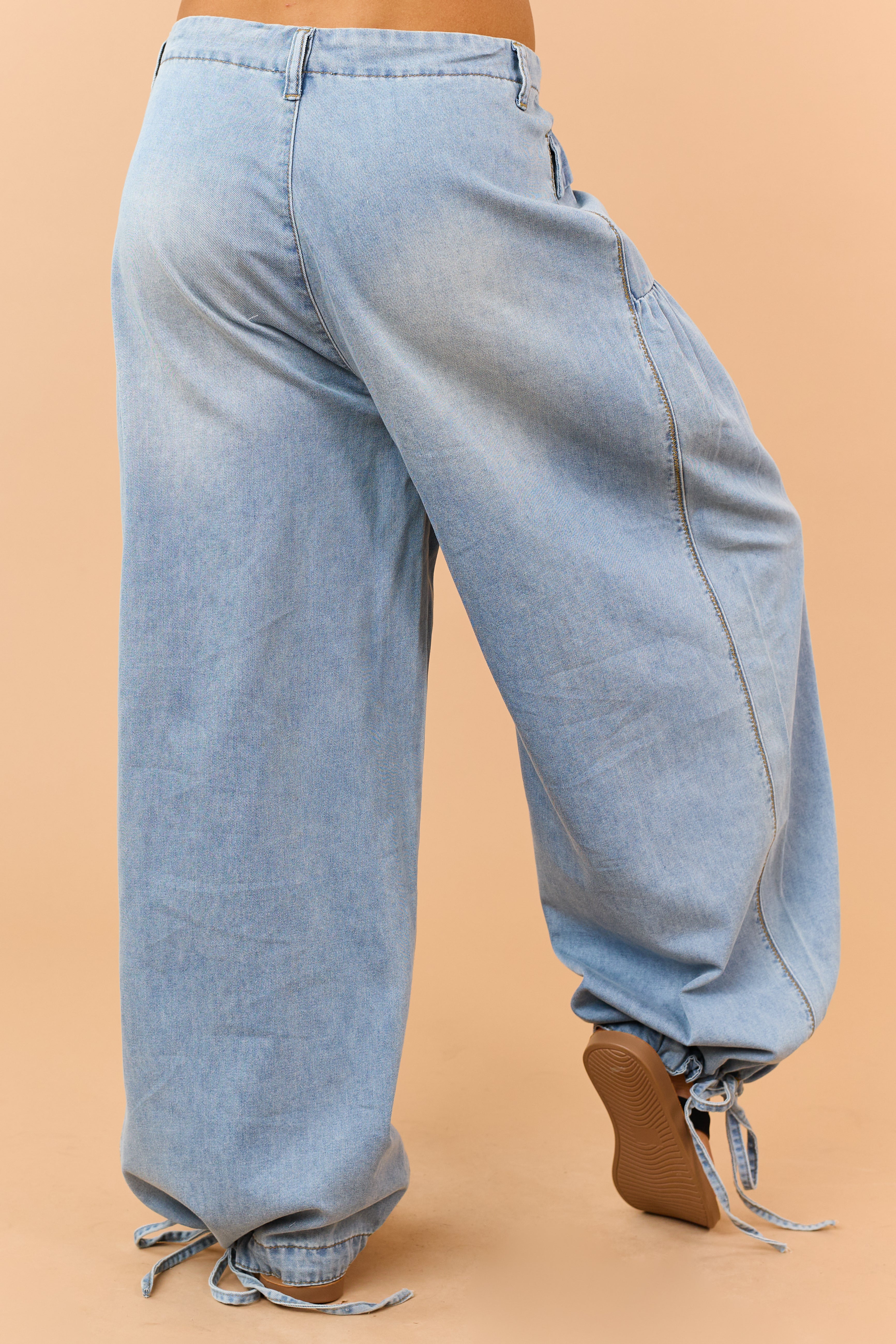 Light Wash Lightweight Denim Tie Hem Wide Pants