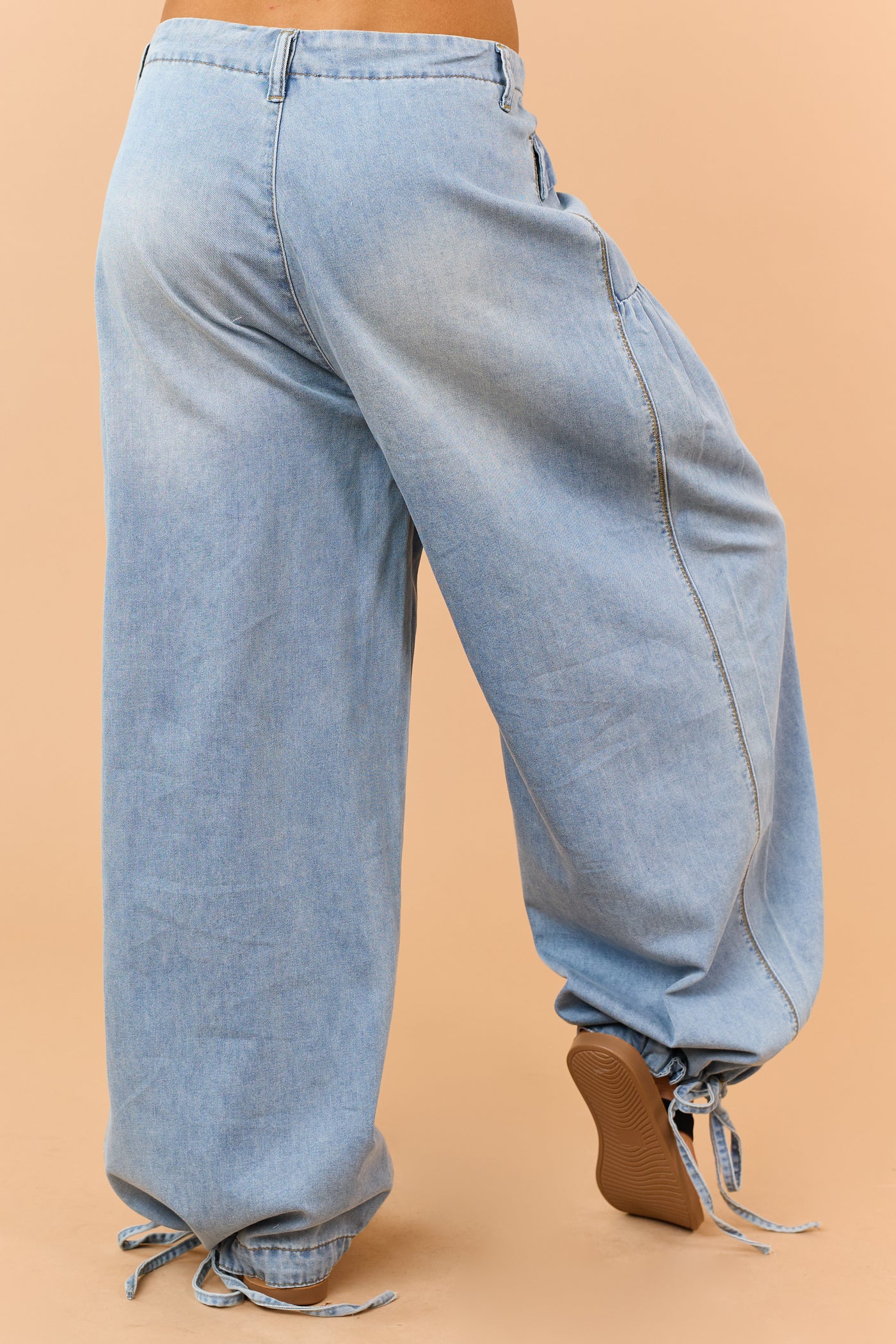 Light Wash Lightweight Denim Tie Hem Wide Pants