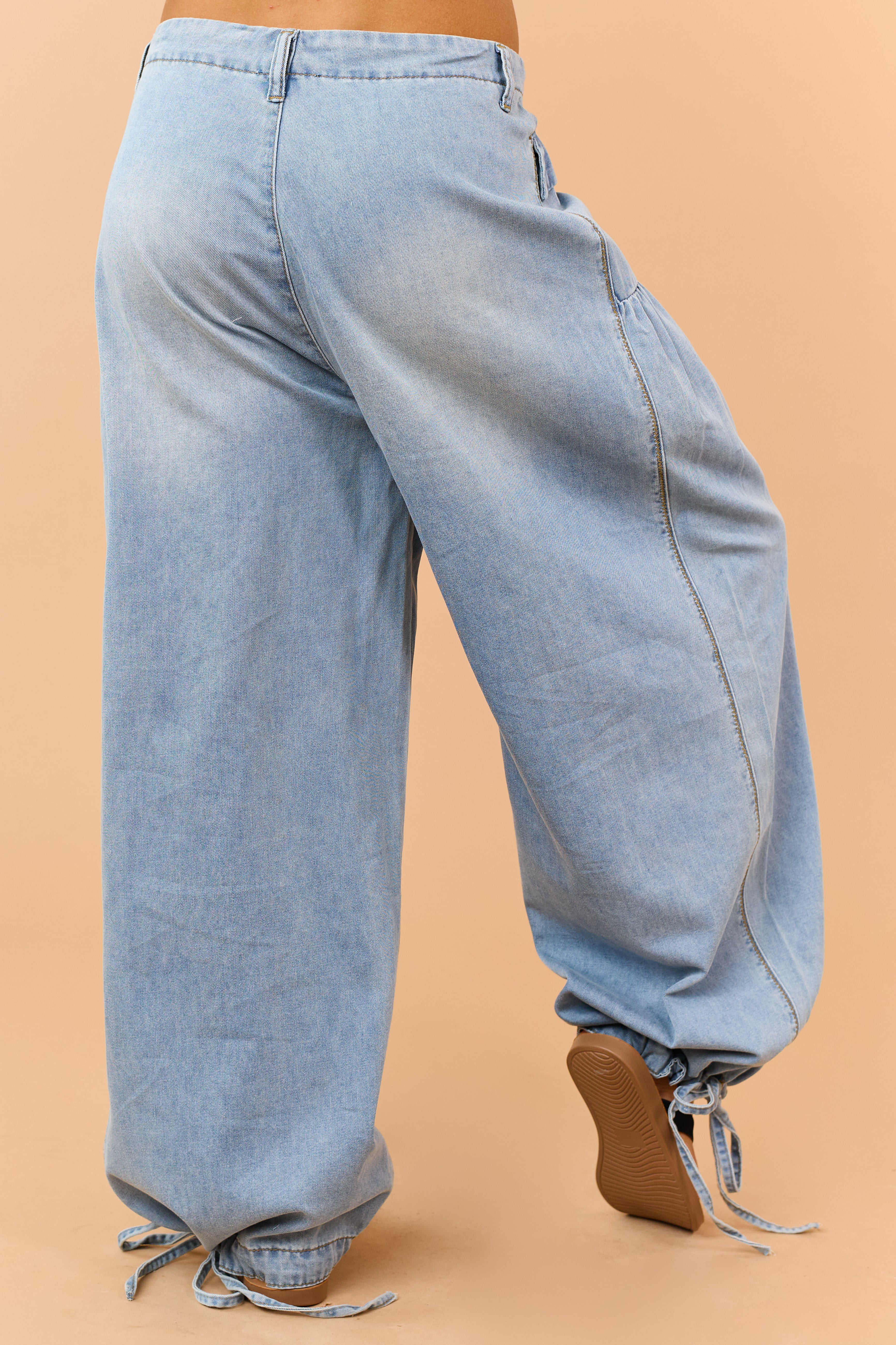Light Wash Lightweight Denim Tie Hem Wide Pants