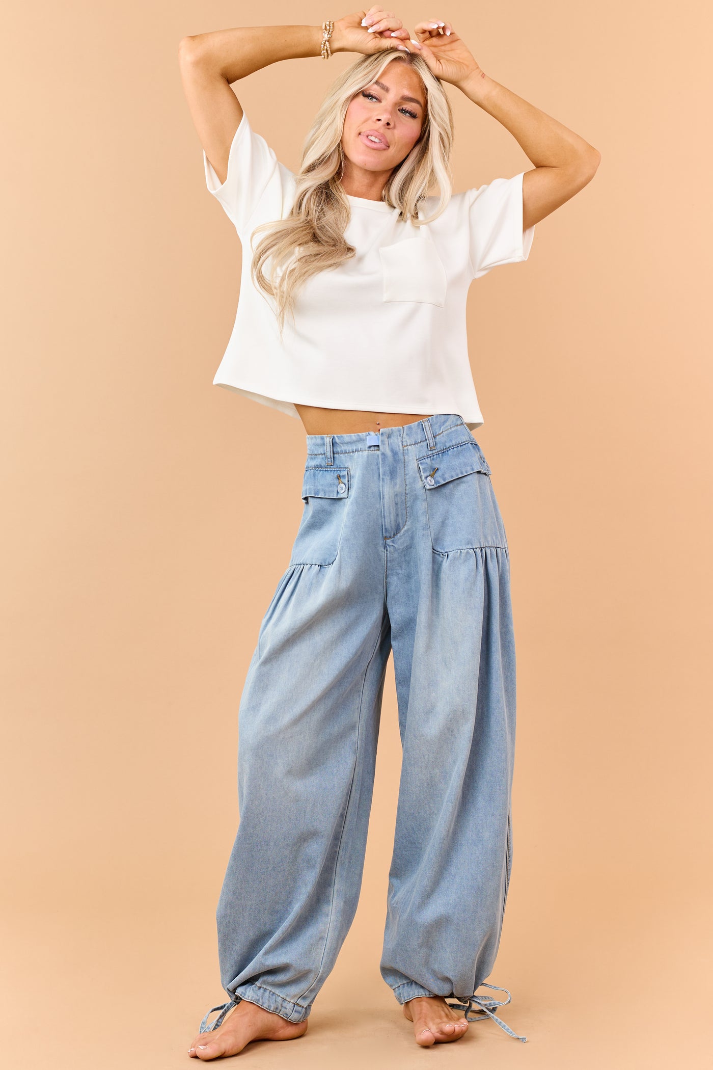 Light Wash Lightweight Denim Tie Hem Wide Pants
