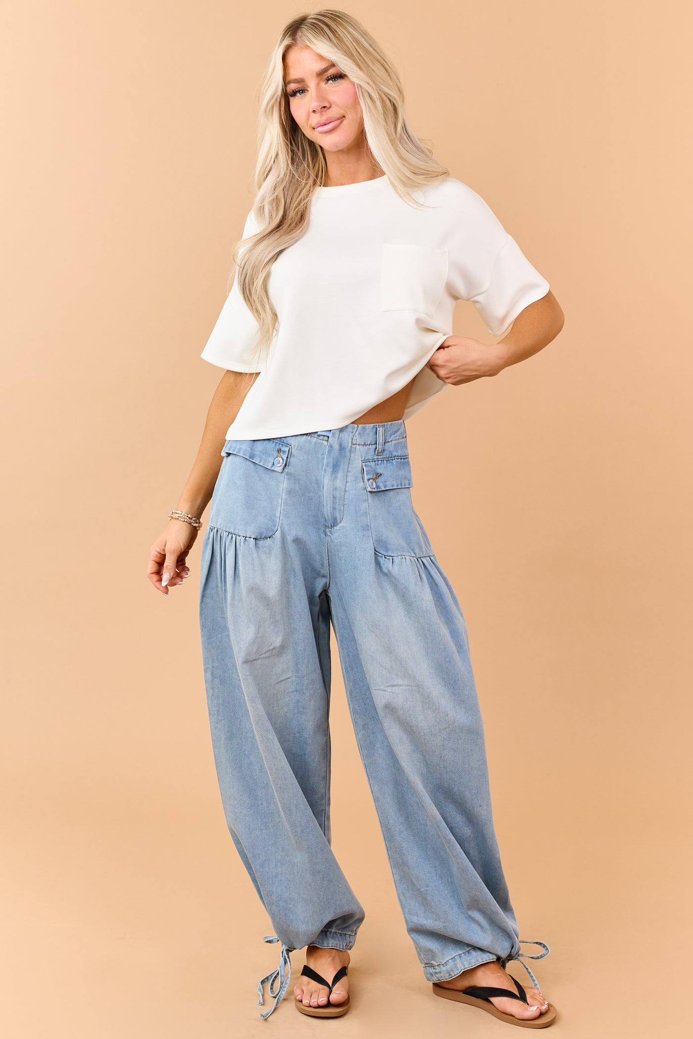 Light Wash Lightweight Denim Tie Hem Wide Pants
