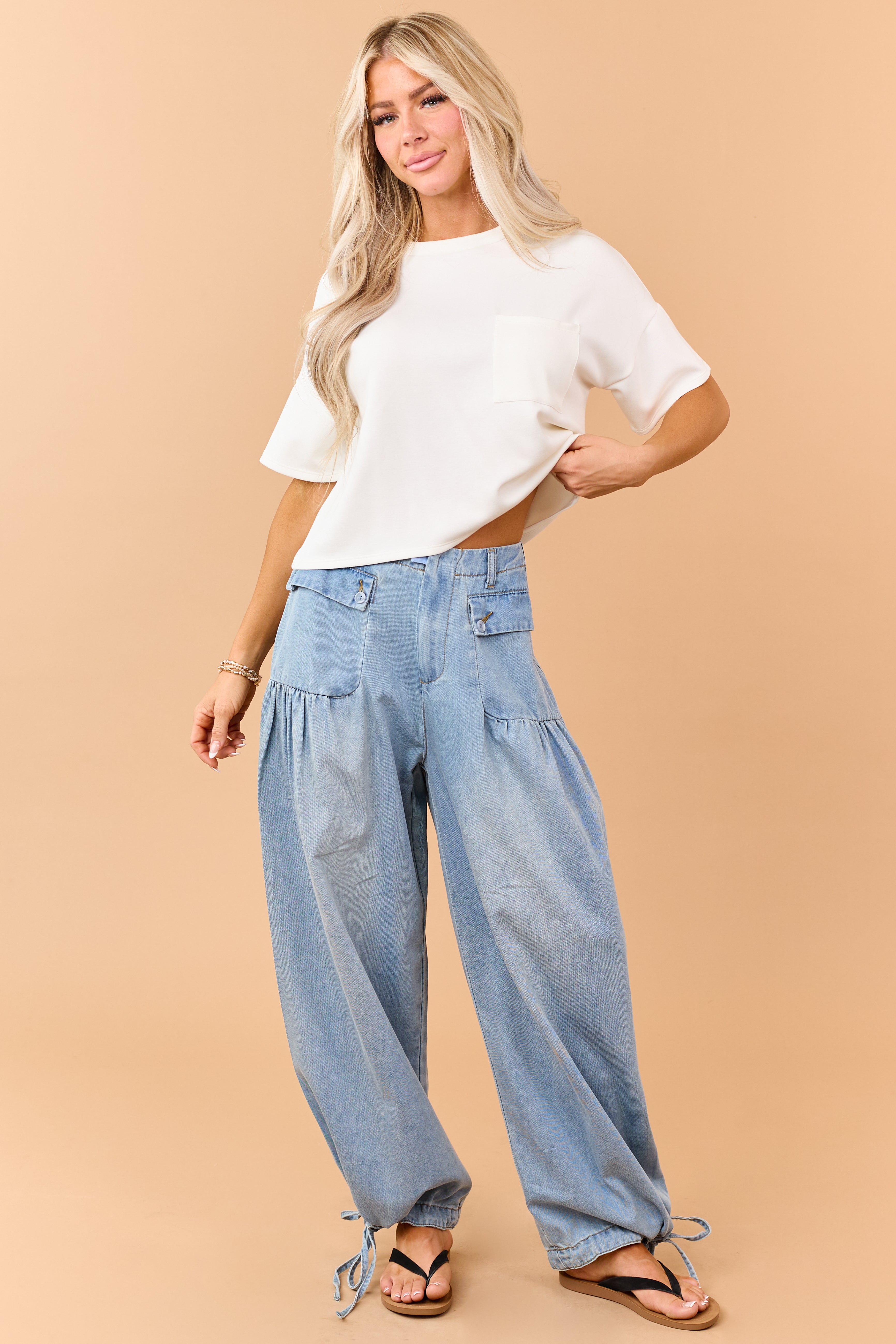 Light Wash Lightweight Denim Tie Hem Wide Pants