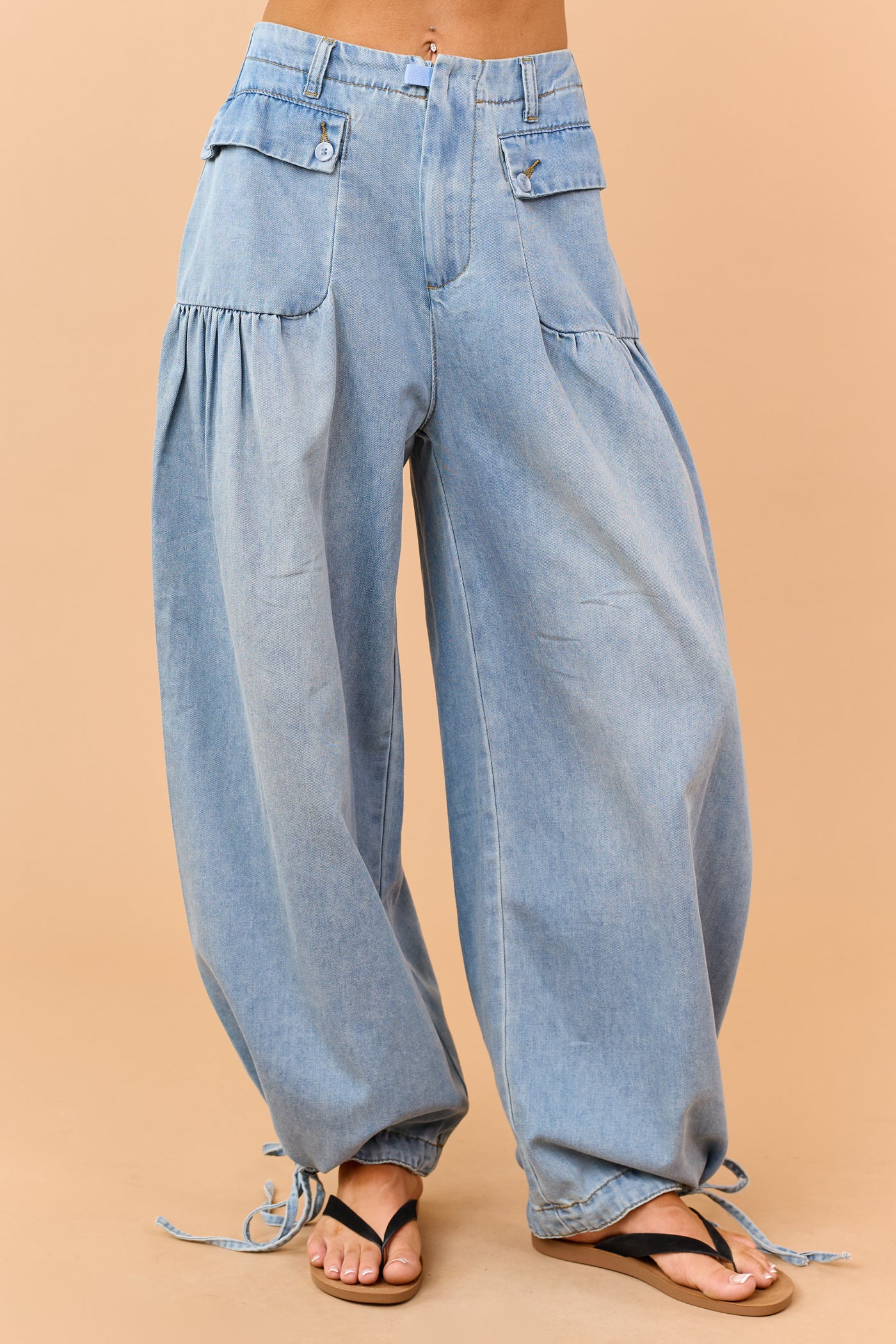 Light Wash Lightweight Denim Tie Hem Wide Pants
