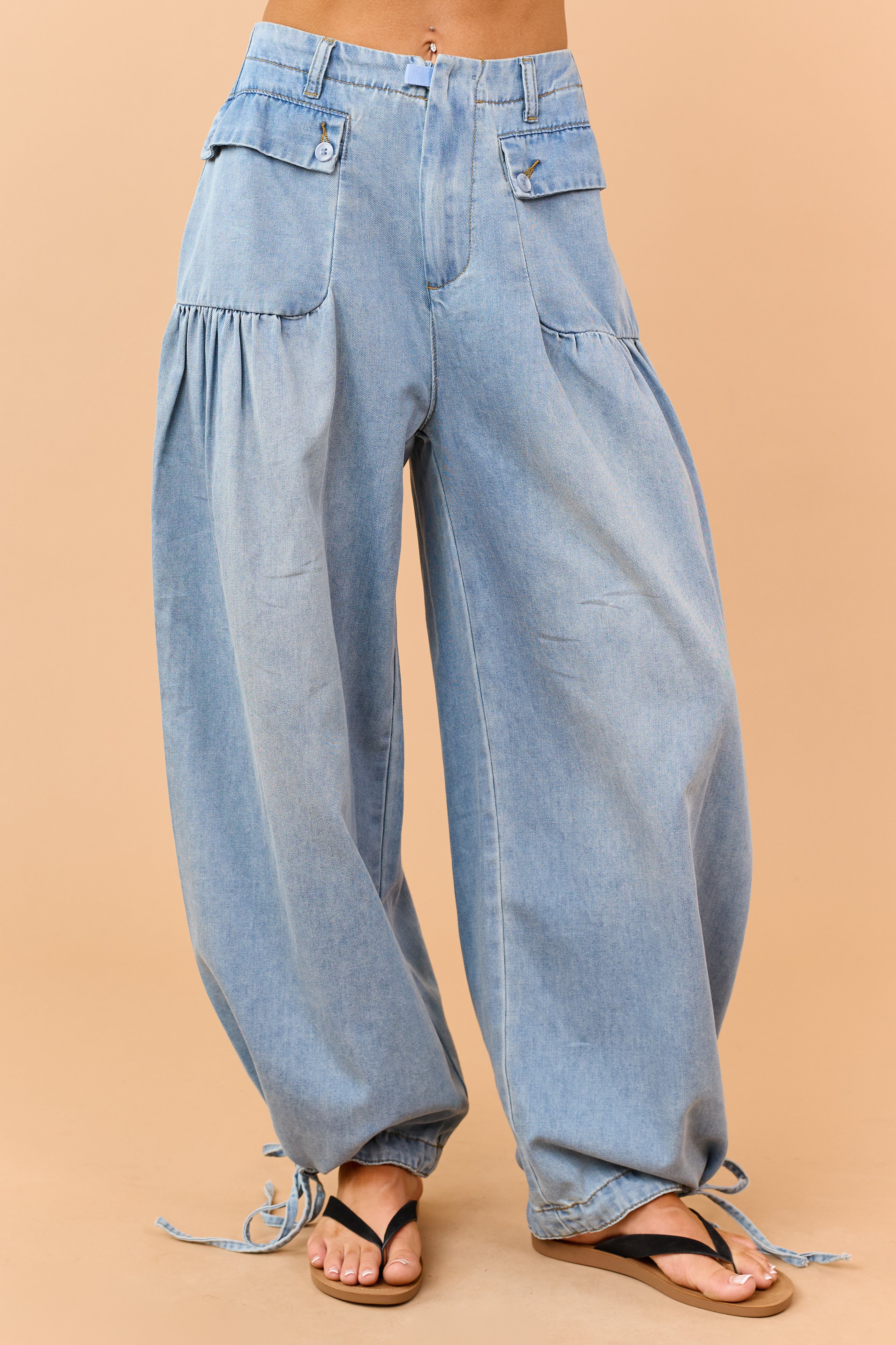 Light Wash Lightweight Denim Tie Hem Wide Pants
