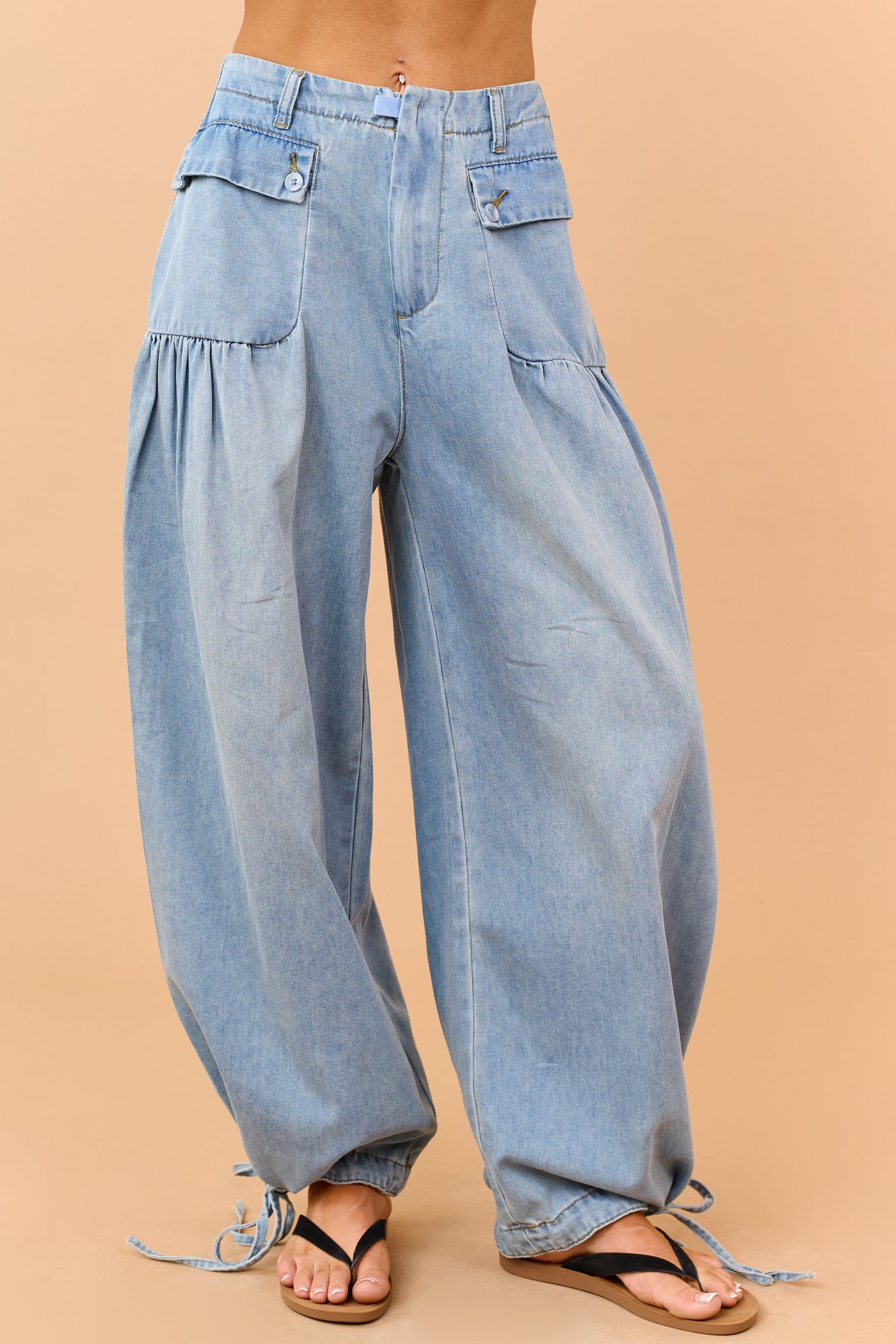 Light Wash Lightweight Denim Tie Hem Wide Pants