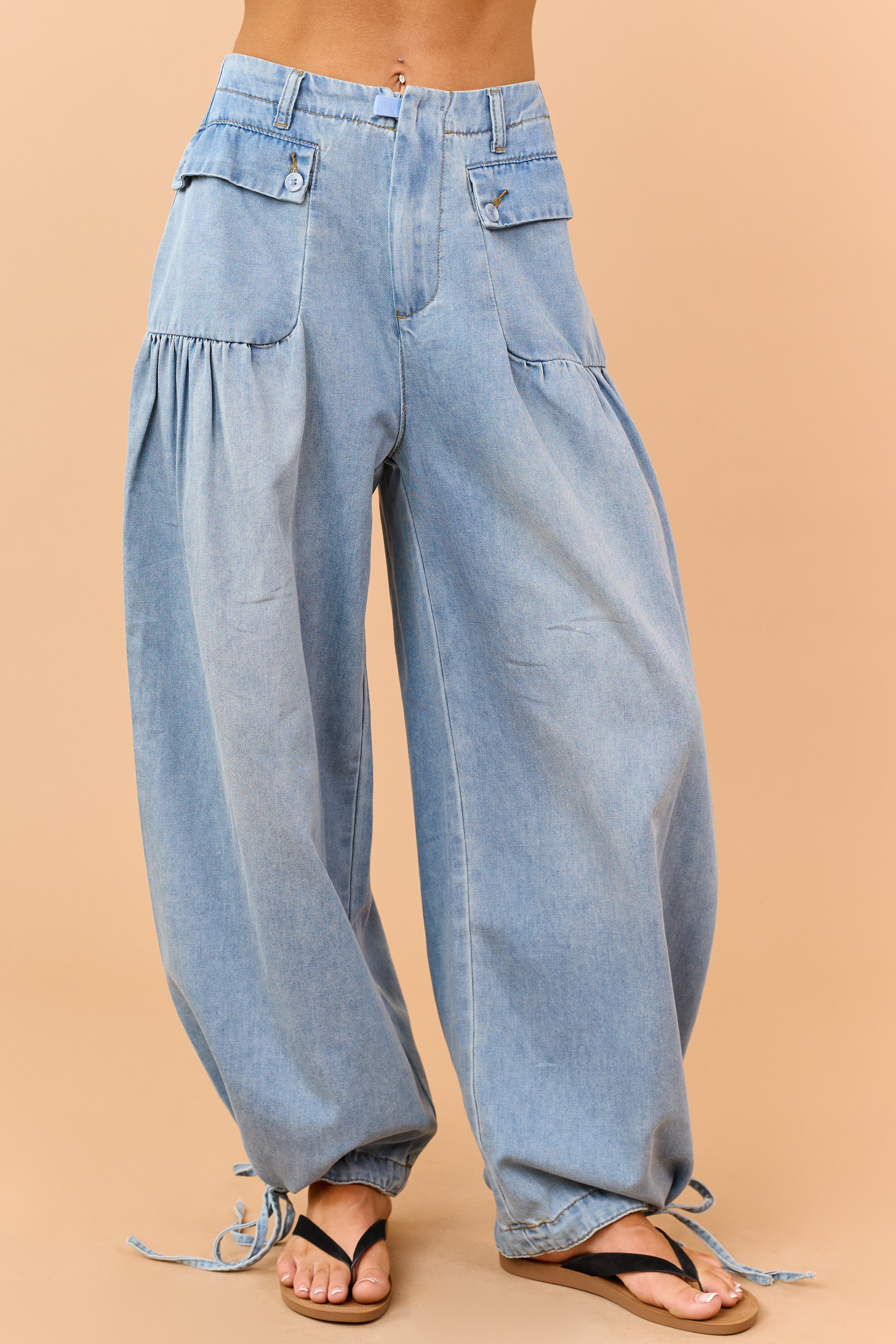 Light Wash Lightweight Denim Tie Hem Wide Pants