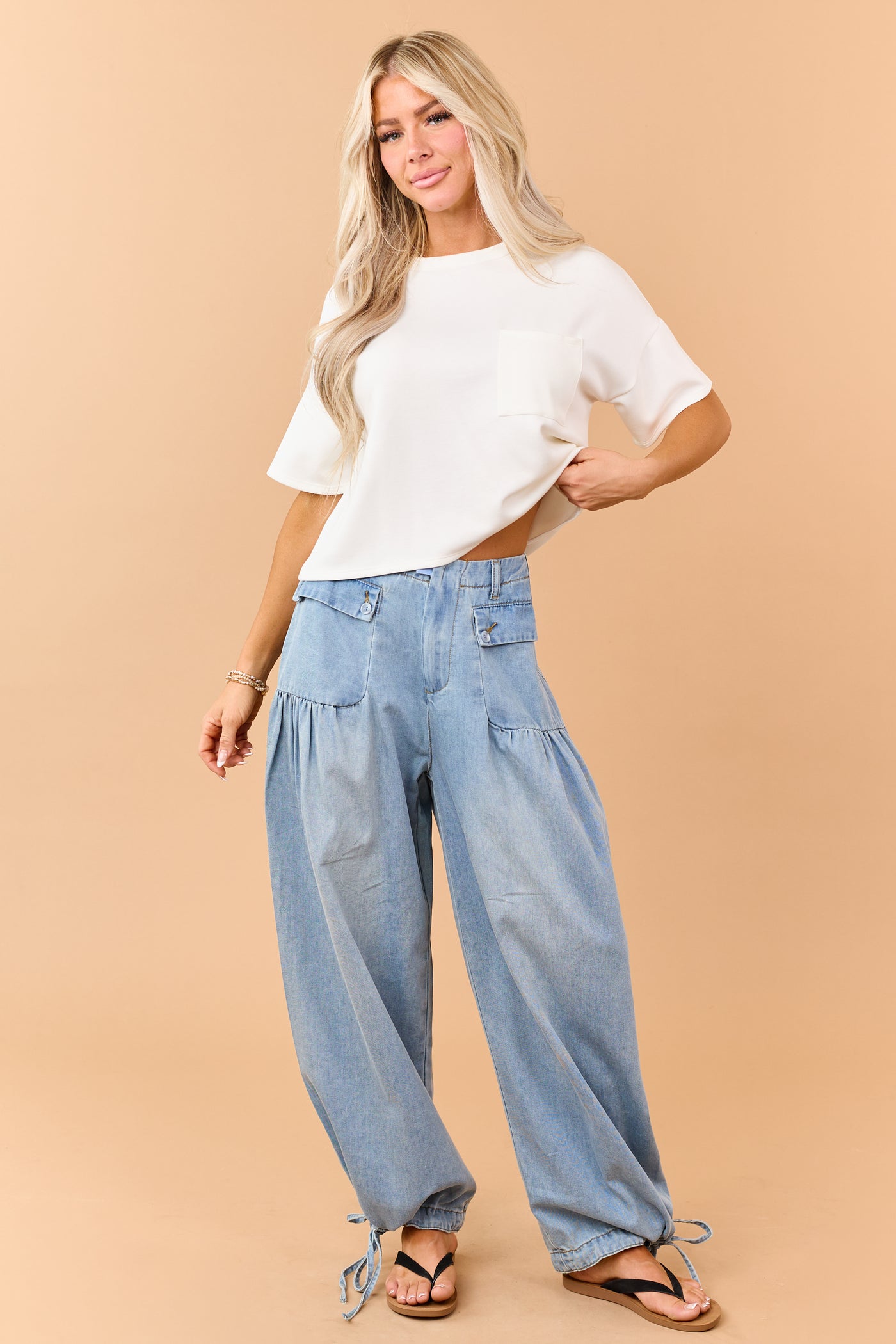 Light Wash Lightweight Denim Tie Hem Wide Pants