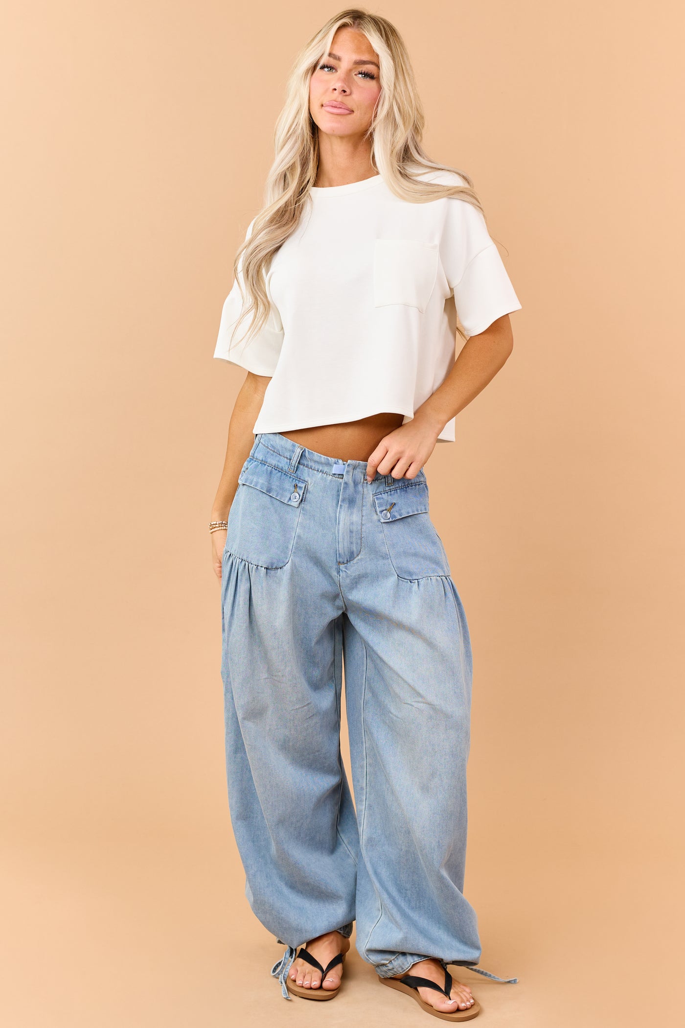 Light Wash Lightweight Denim Tie Hem Wide Pants