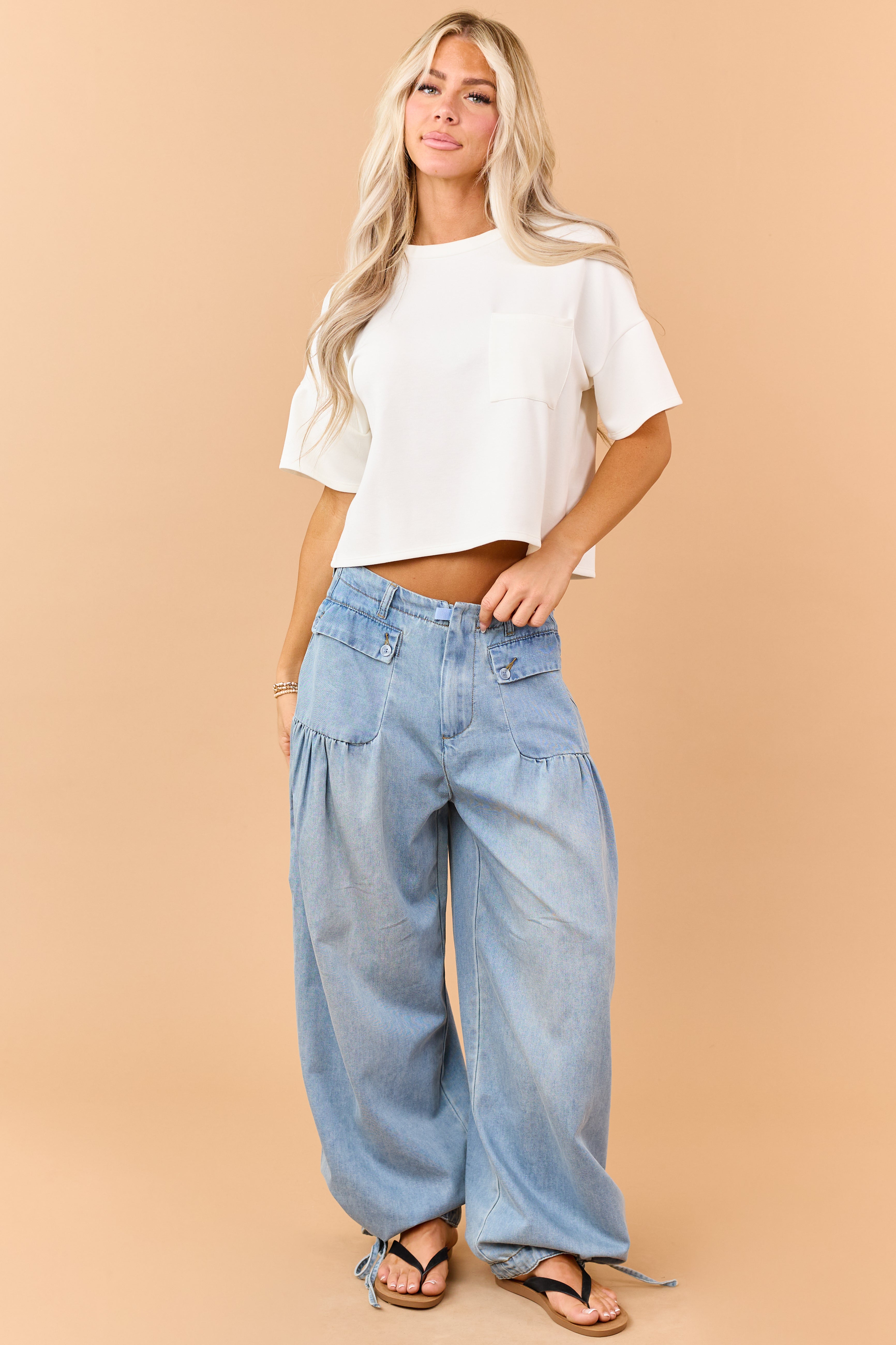 Light Wash Lightweight Denim Tie Hem Wide Pants