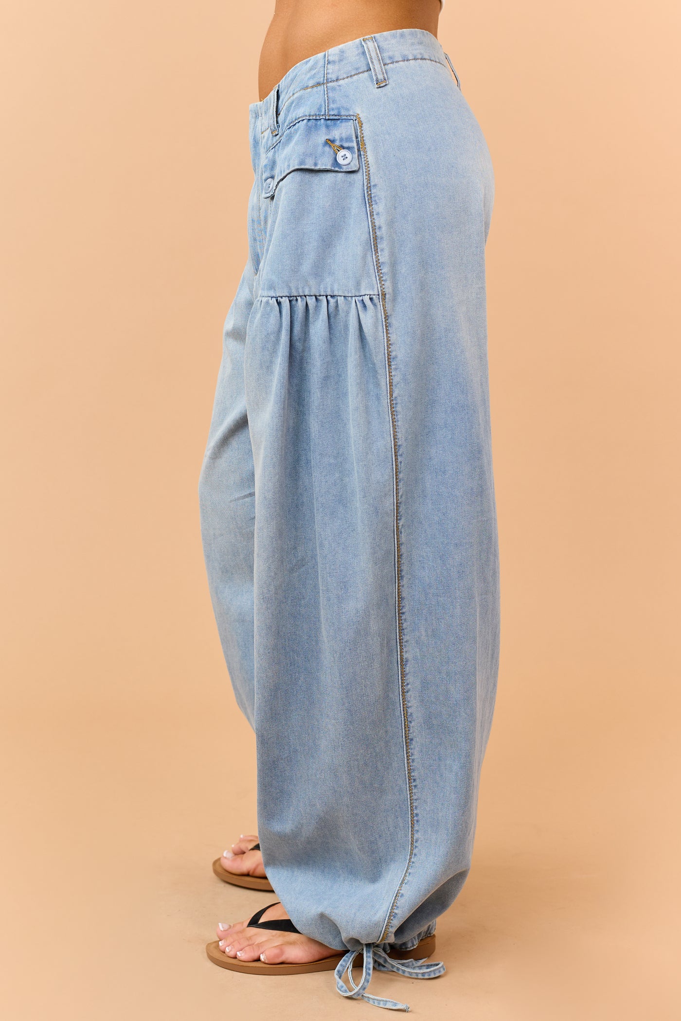 Light Wash Lightweight Denim Tie Hem Wide Pants