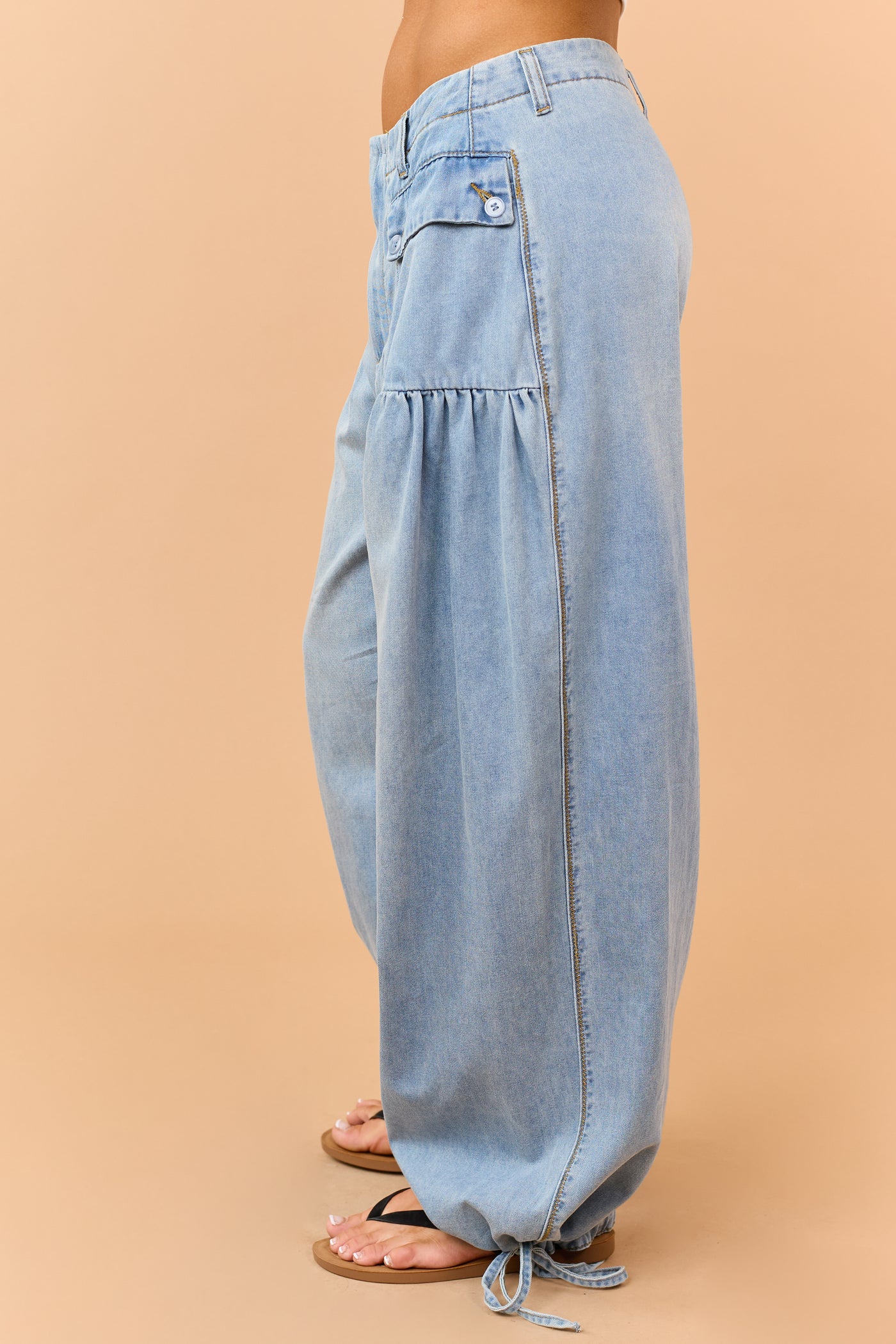 Light Wash Lightweight Denim Tie Hem Wide Pants