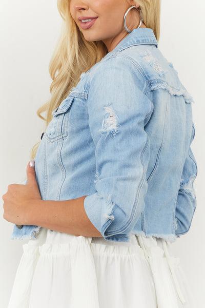 Light Wash Mid Length Distressed Denim Jacket