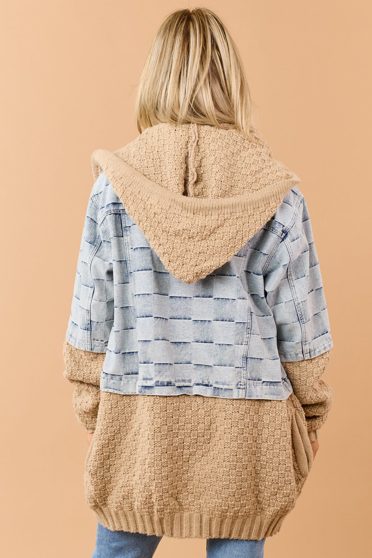 Light Wash Patchwork Denim Contrast Sweater Jacket